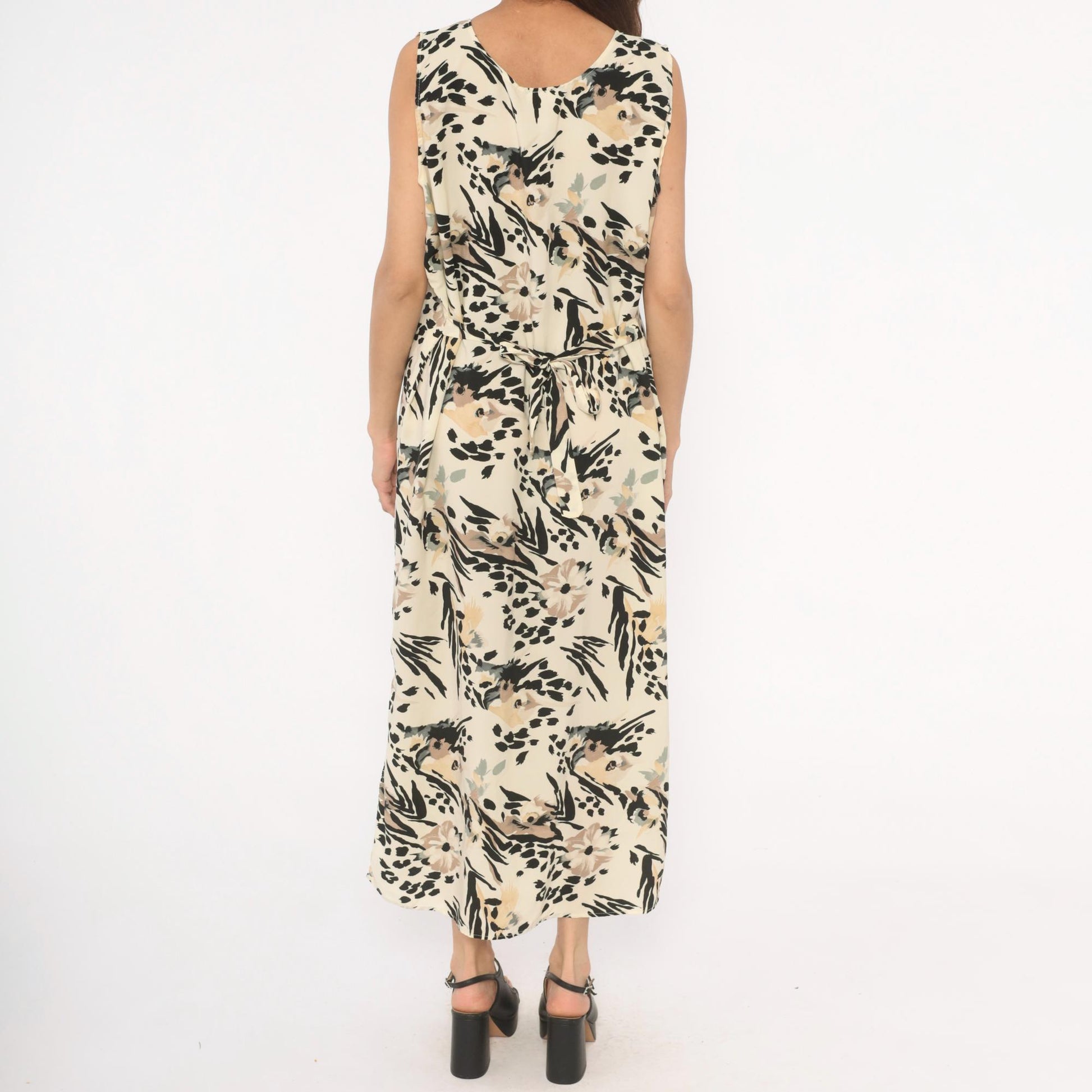 90s Ann Mali Maxi Dress Cream Black Animal Print Tie Back Large L