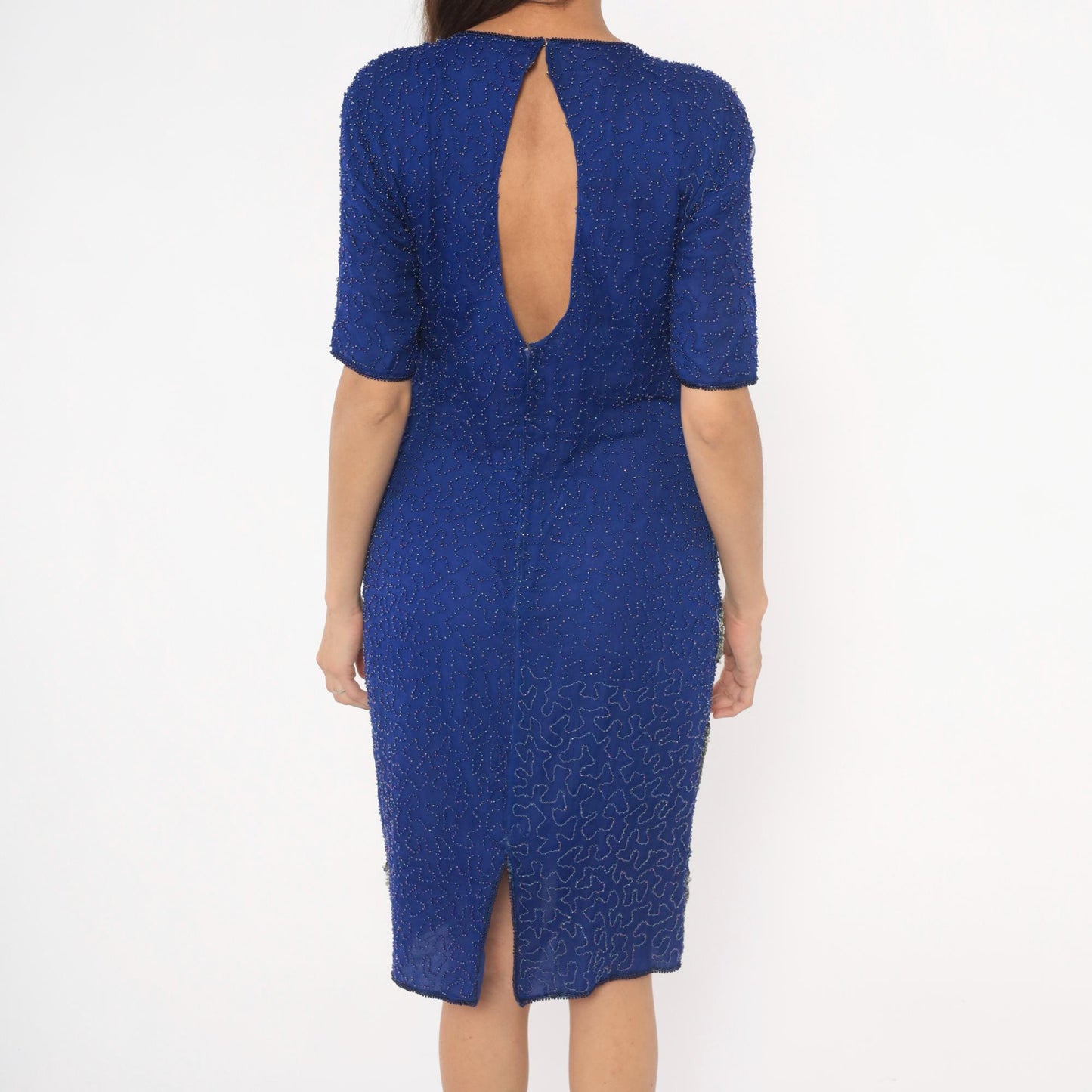 80s Stenay Cobalt Blue Silver Sequin Silk Cocktail Dress Keyhole Back Medium M
