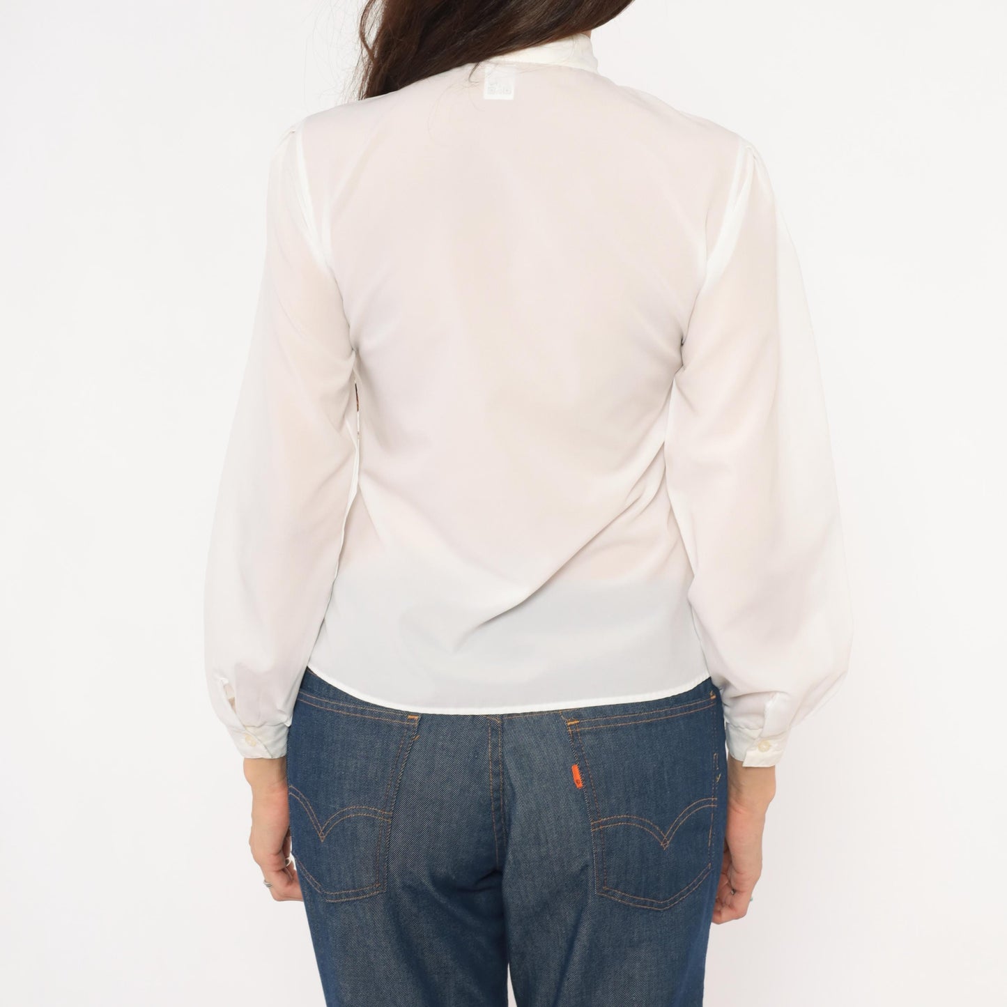 80s Kanga Sport White Pintuck Blouse Puff Sleeve High Collar Small S