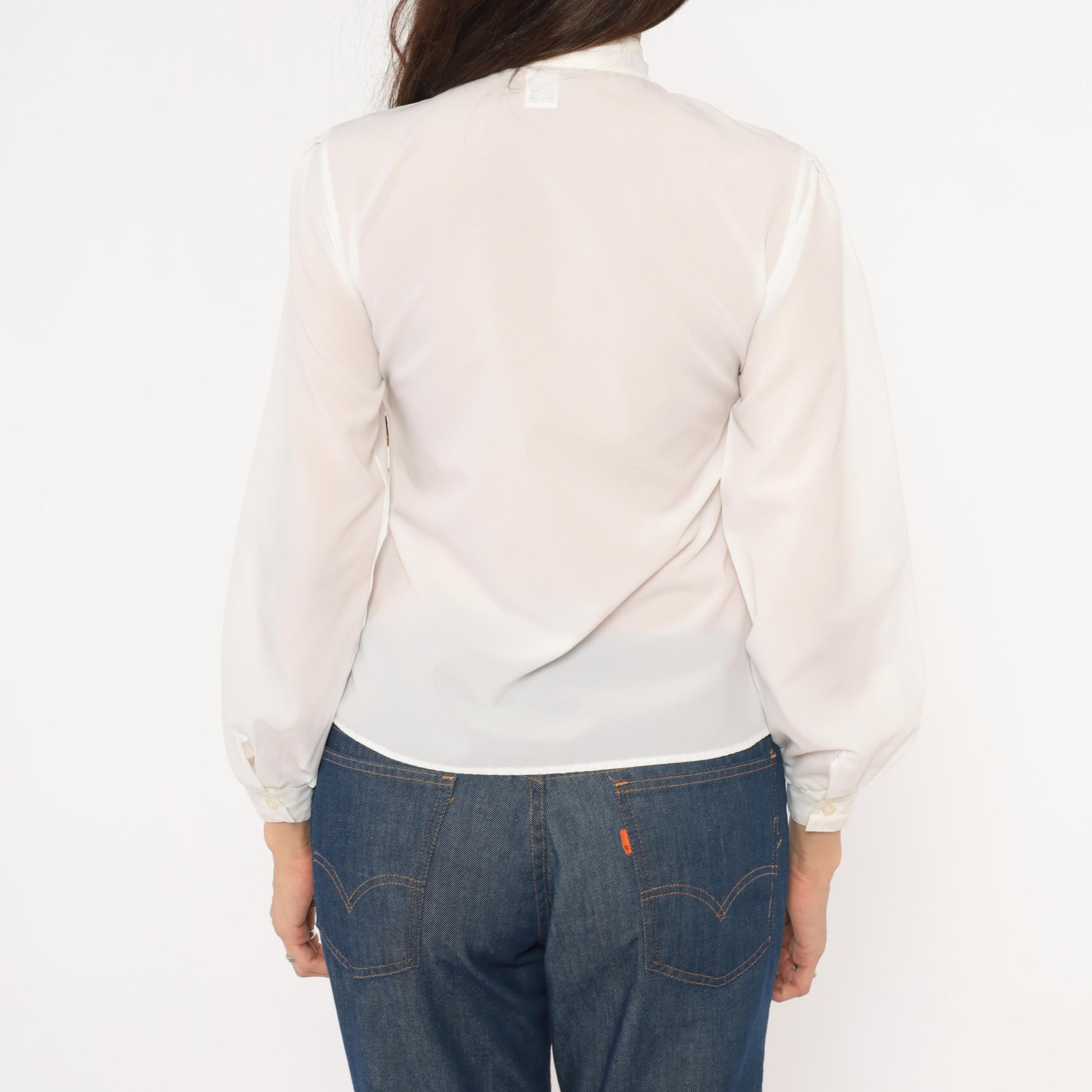 80s Kanga Sport White Pintuck Blouse Puff Sleeve High Collar Small S