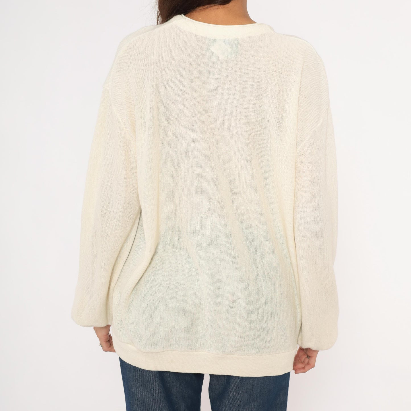 80s Jantzen Ivory Sheer Knit Cardigan V-Neck Button-Up Cream Large L