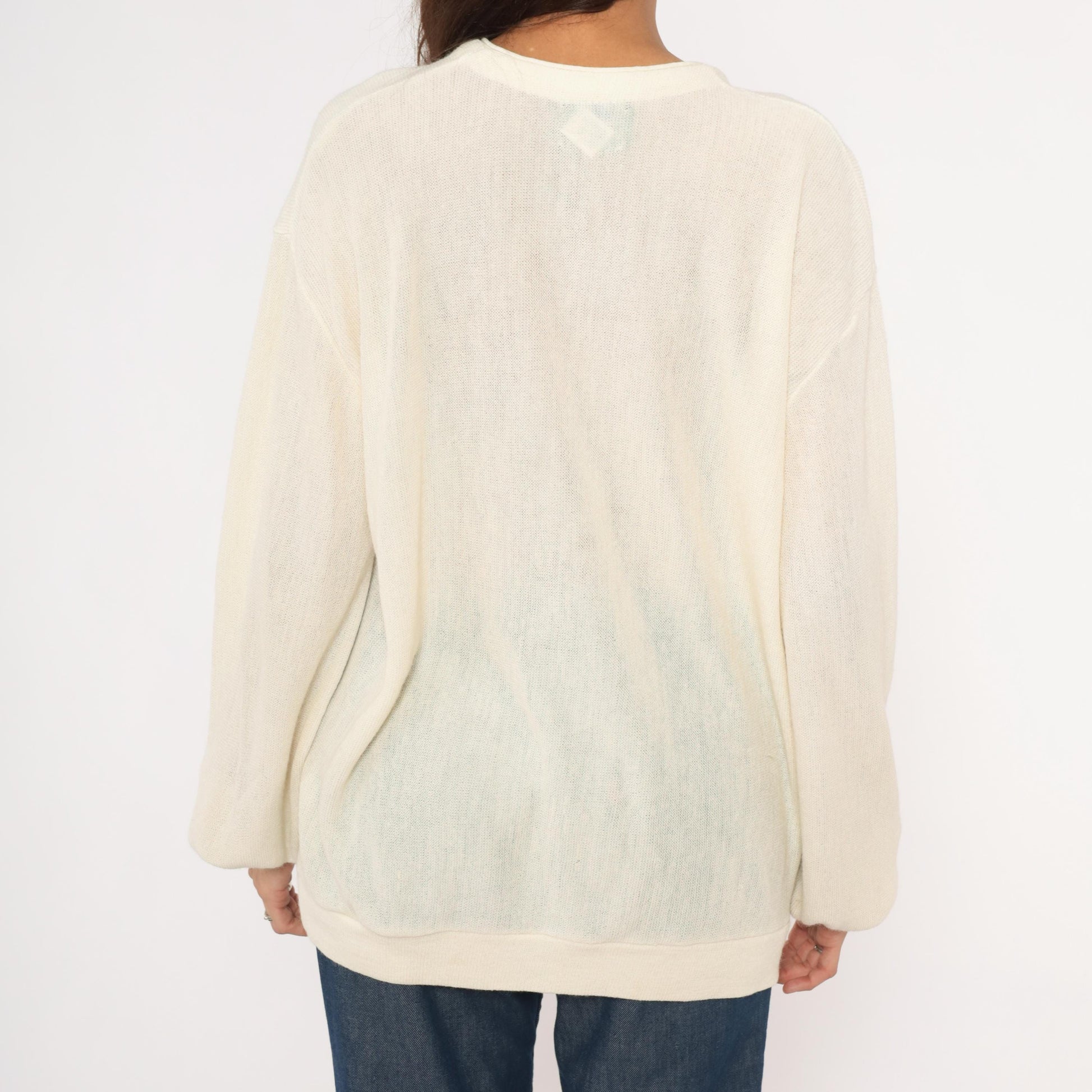 80s Jantzen Ivory Sheer Knit Cardigan V-Neck Button-Up Cream Large L