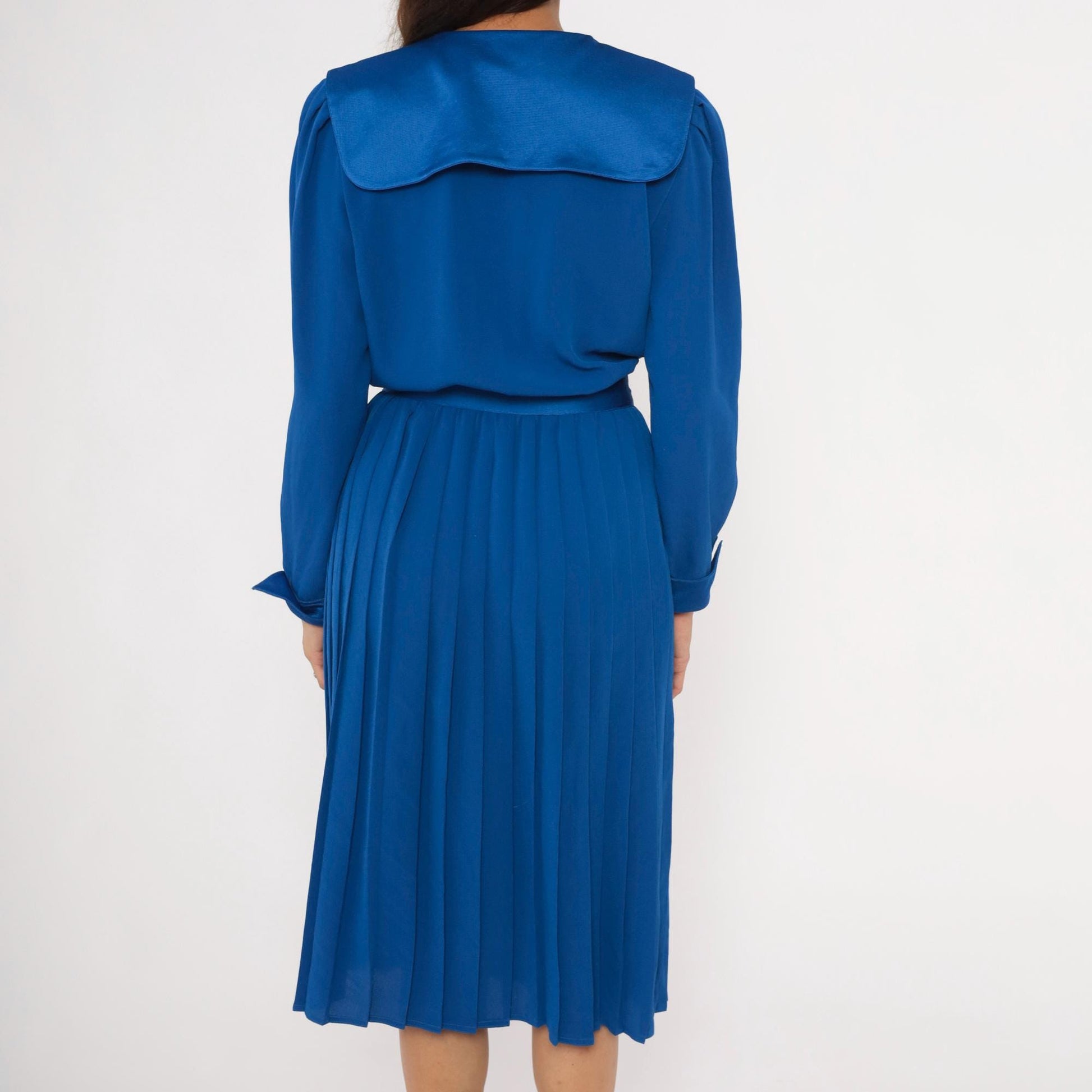 90s Petites for Maggy Cobalt Wrap Dress Puff Sleeve Pleated Knee-Length Medium