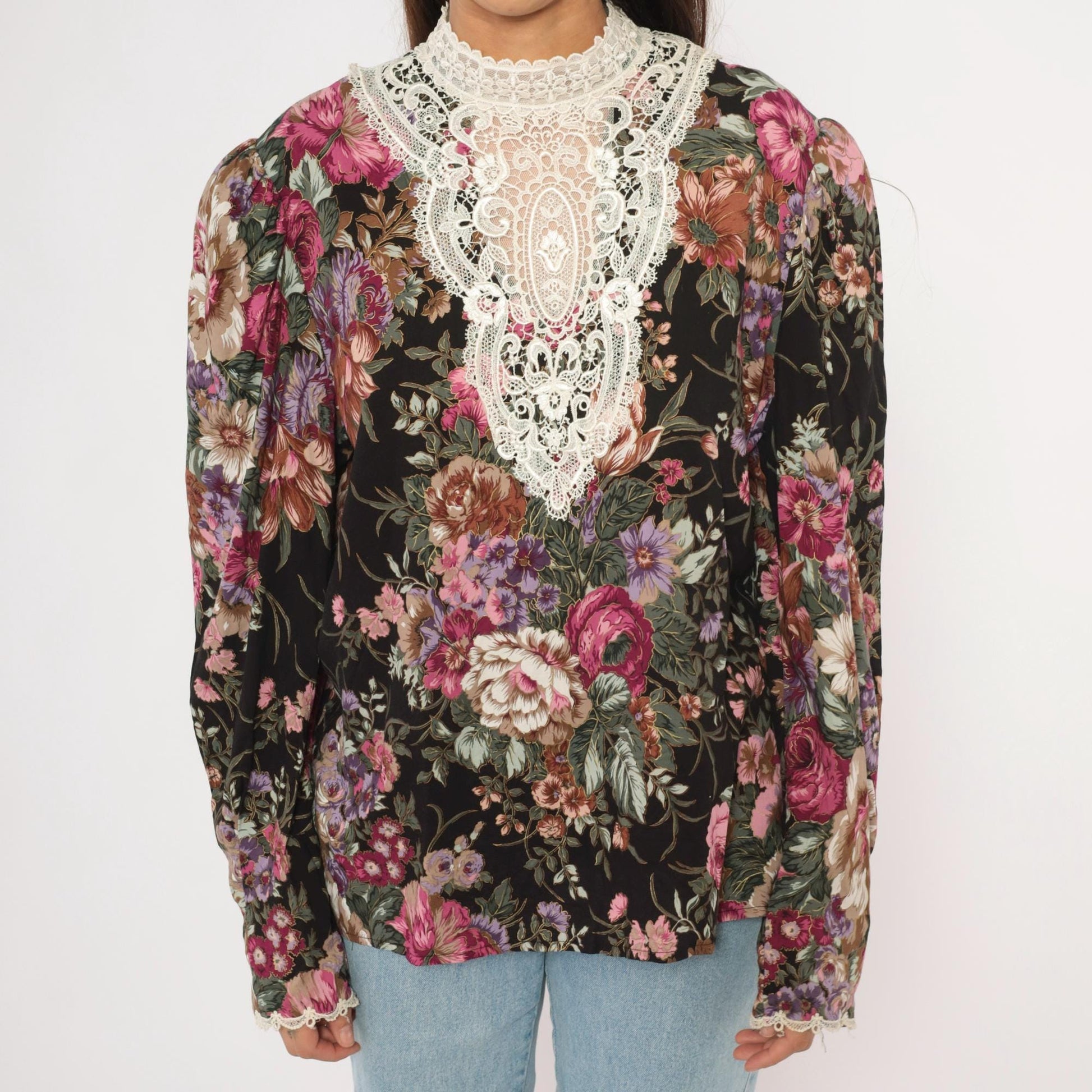 90s Scott McClintock Black Floral Blouse Lace Bib Puff Sleeve Extra Large XL