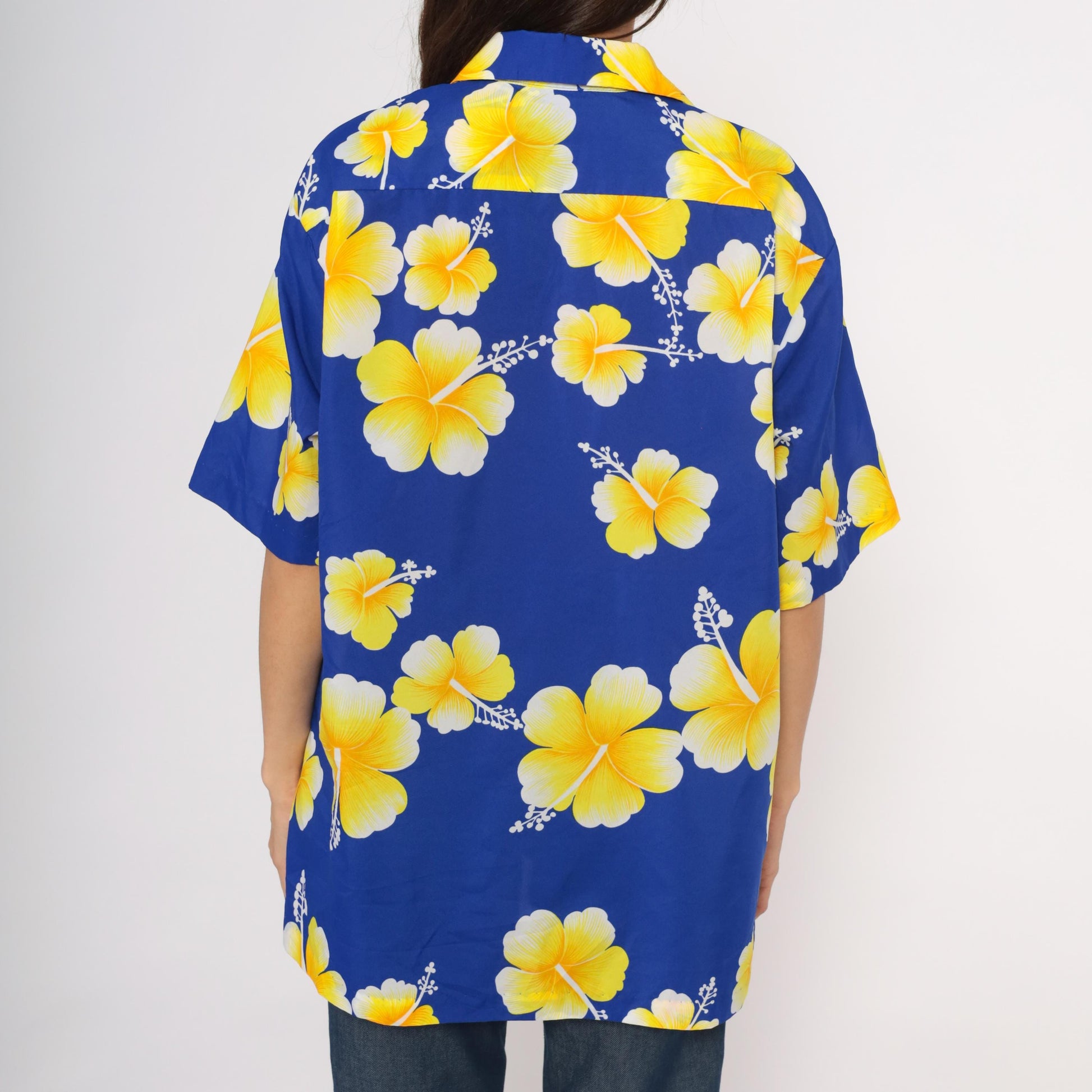 90s Hilo Hatties Hawaiian Hibiscus Shirt Cobalt Blue Yellow Camp Collar Extra Large XL