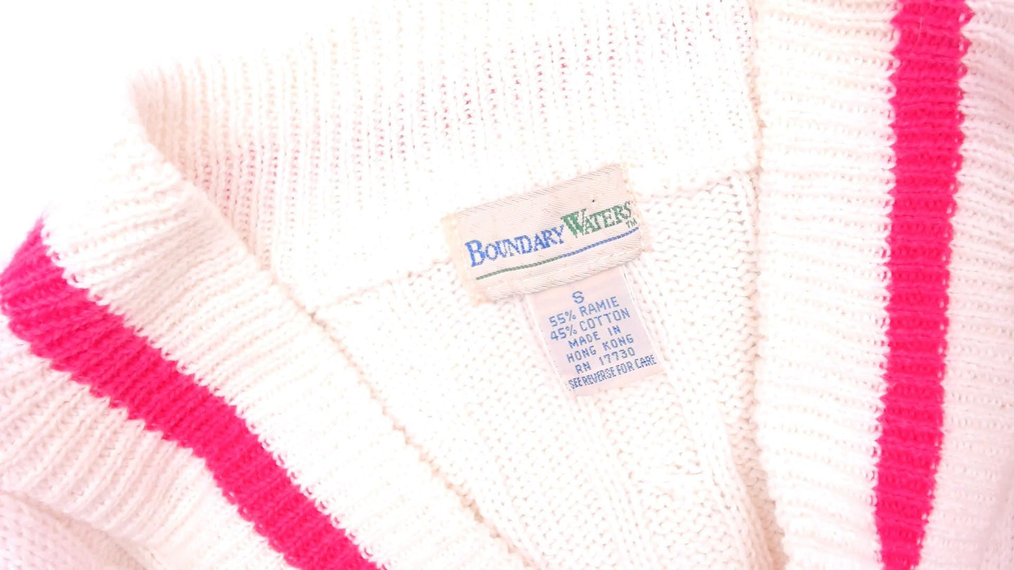 90s Boundary Waters Cable Knit V Neck Sweater Pink Stripe Ivory Small S