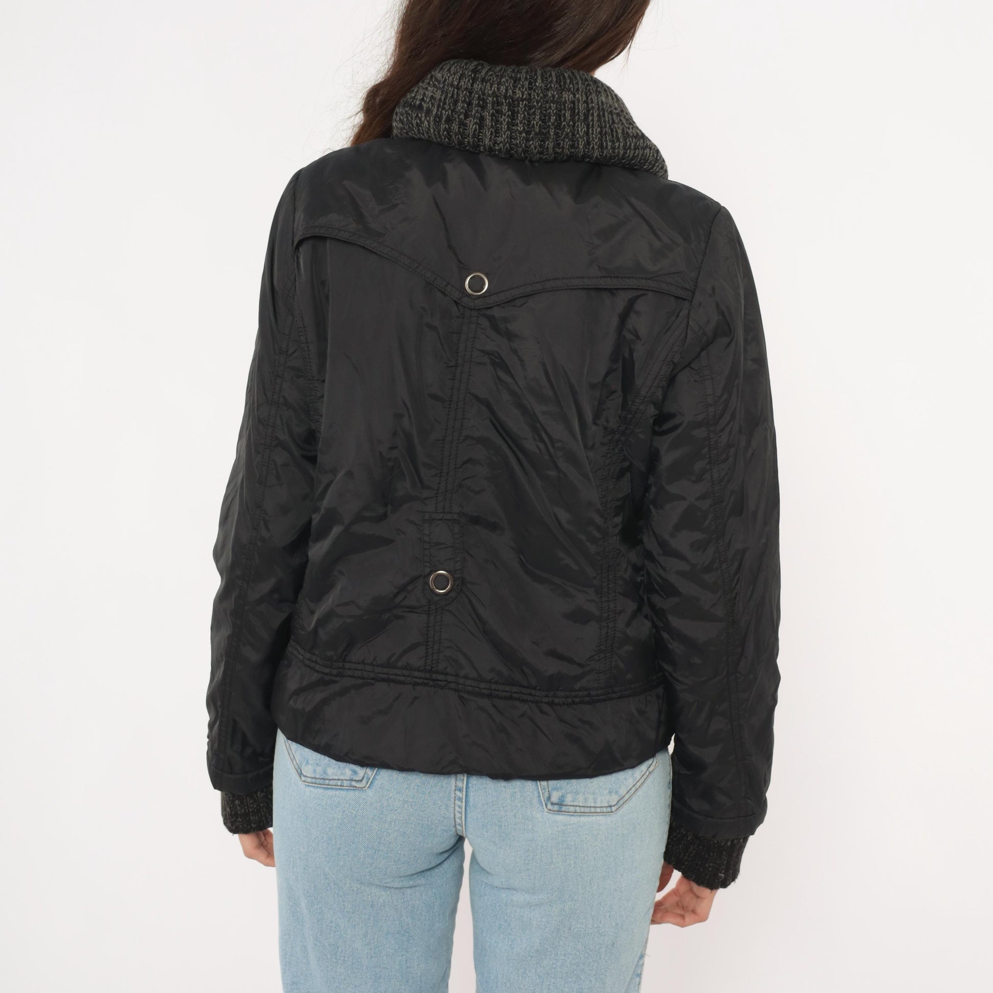 Y2K Dollhouse Black Bomber Jacket Snap Front Knit Collar Cropped Medium M