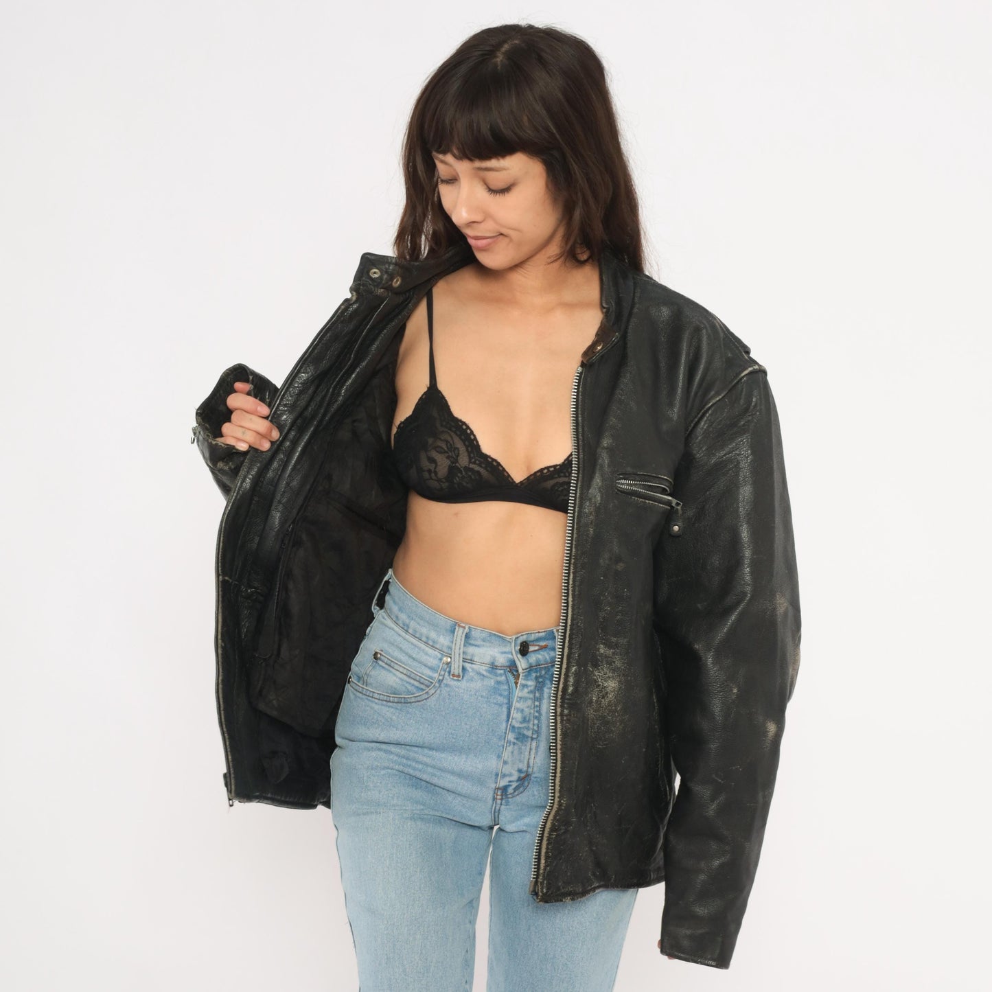 90s Unik Leather Cafe Racer Jacket Black Moto Coat Heavy Weight Extra Large