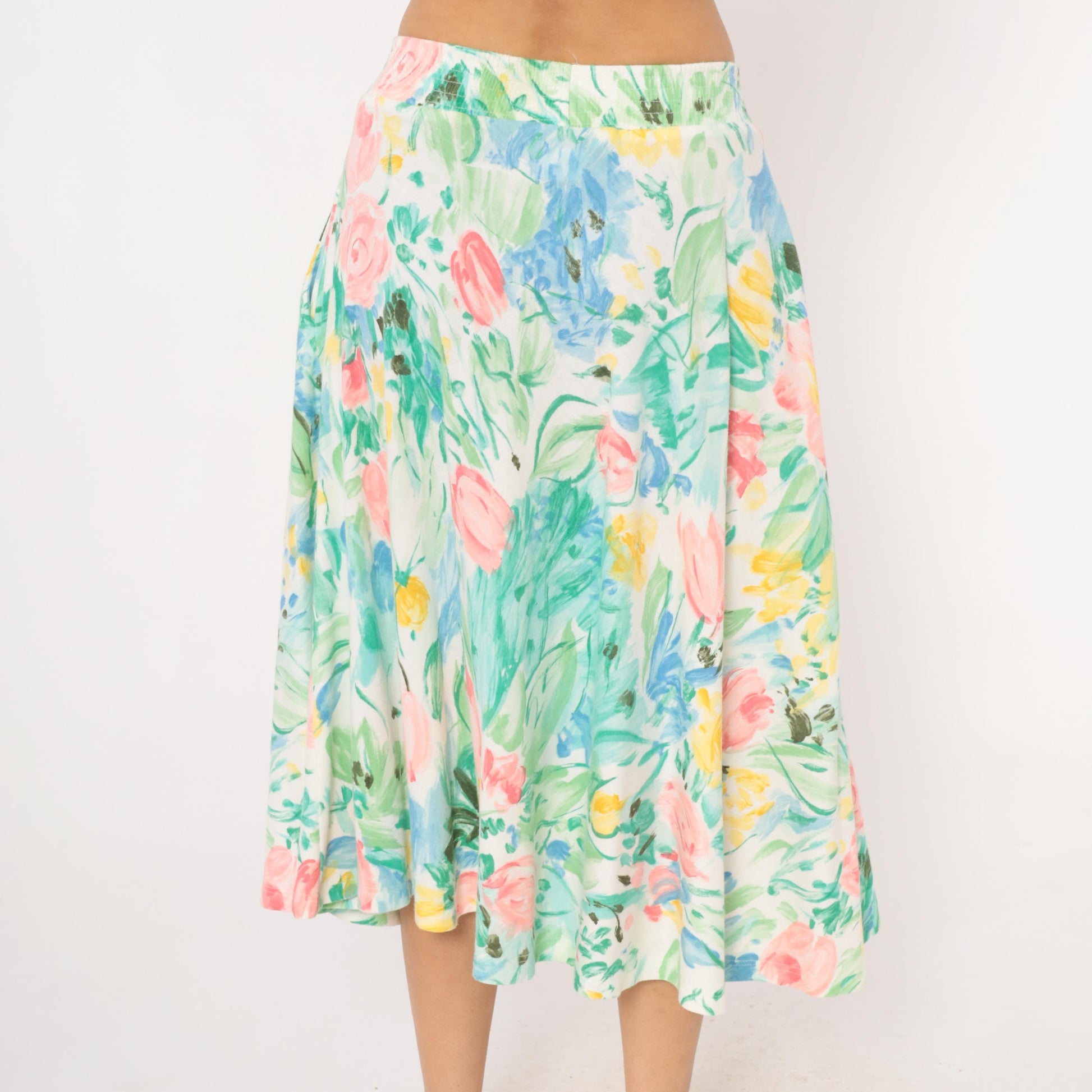 80s Dennis Goldsmith Floral Midi Skirt A-Line Pink Teal Green Medium