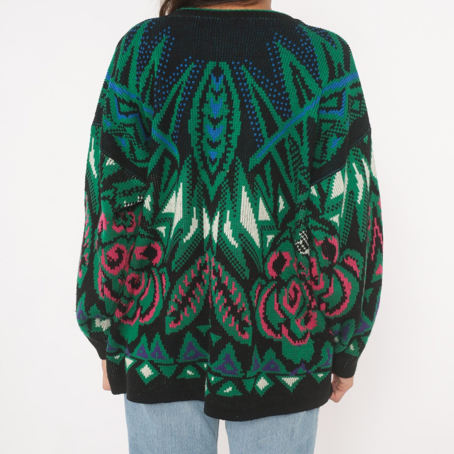 90s Venezia Geometric Jacquard Knit Sweater Green Pink Blue Crewneck XL