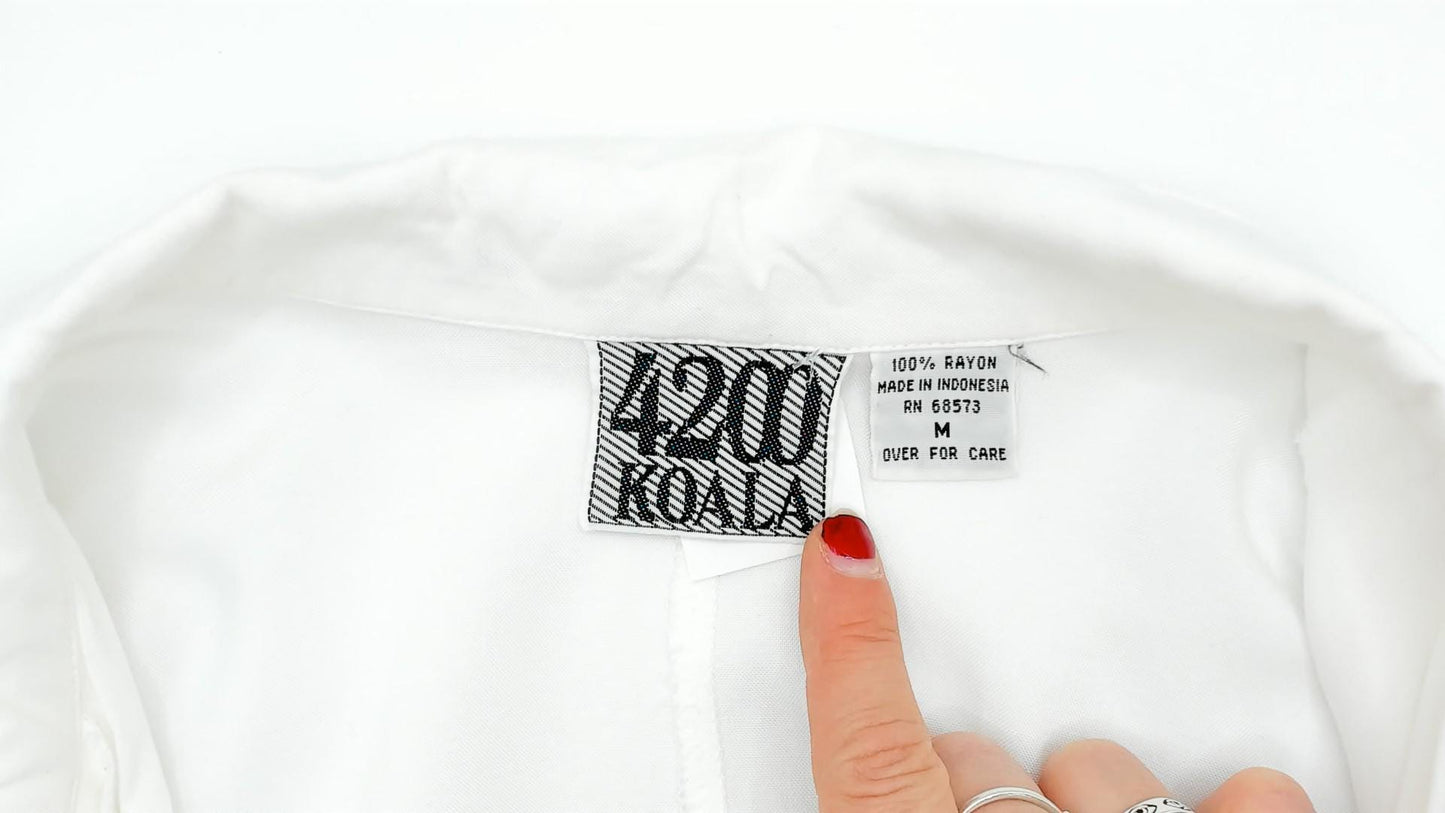 90s White Pointed Collar Blouse Hidden Placket Relaxed Fit Medium M