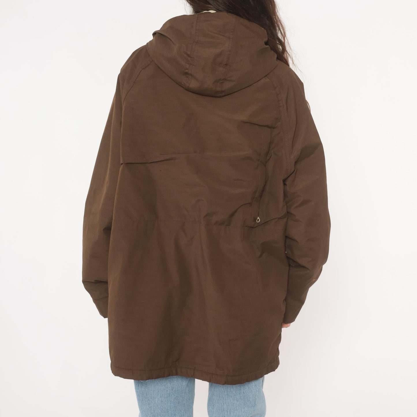 80s Woolrich Brown Hooded Parka Cargo Pockets Tan Quilted Lining Large
