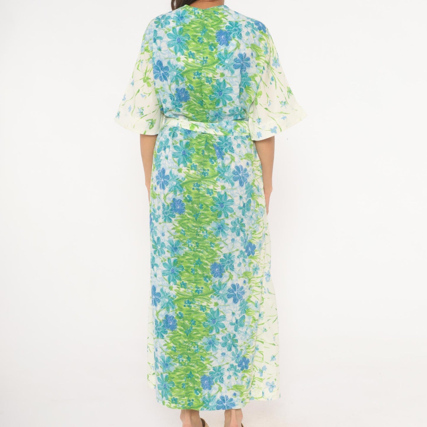 70s Floral Kimono Robe Maxi Wrap Dress Watercolor Print Blue Green Medium