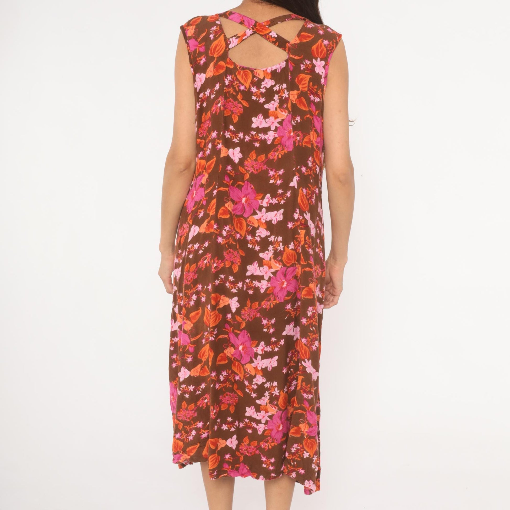 Y2K Roaman's Tropical Floral Midi Dress Brown Pink Orange Button Front Plus Size 14W