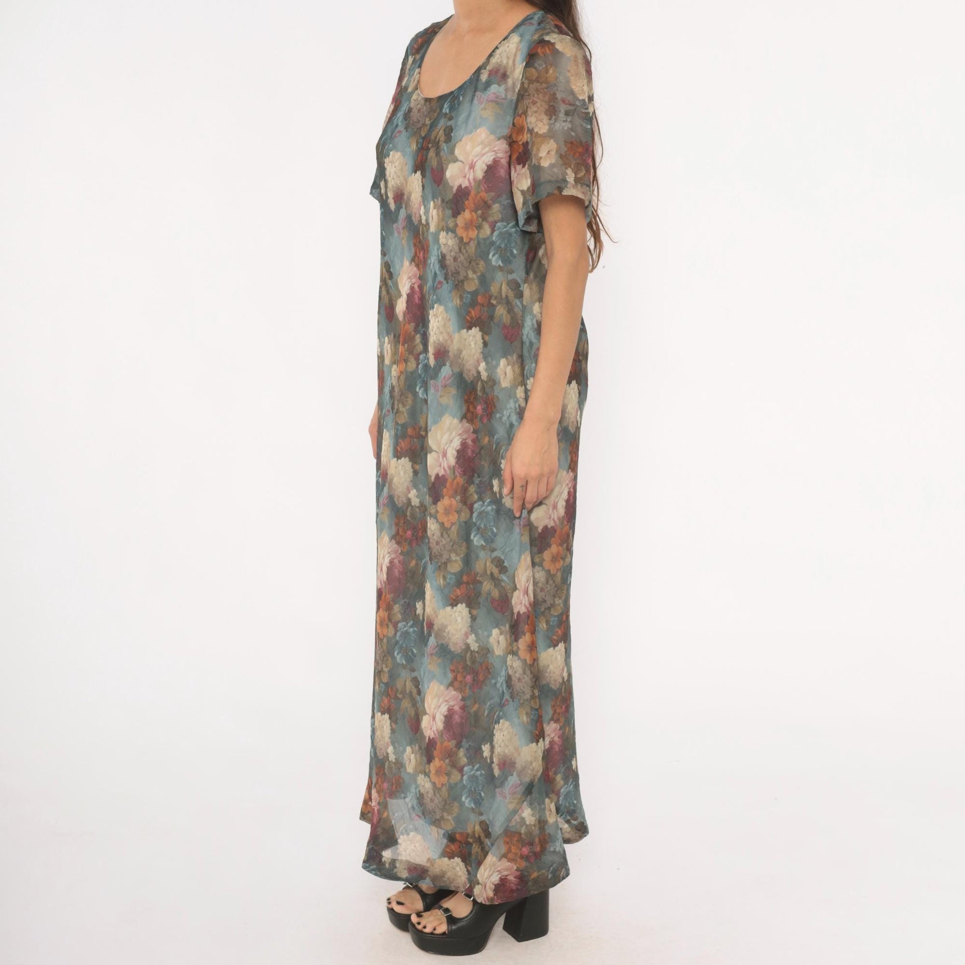90s De Frantoria Floral Maxi Dress Slate Blue Cream Chiffon Short Sleeve Extra Large XL