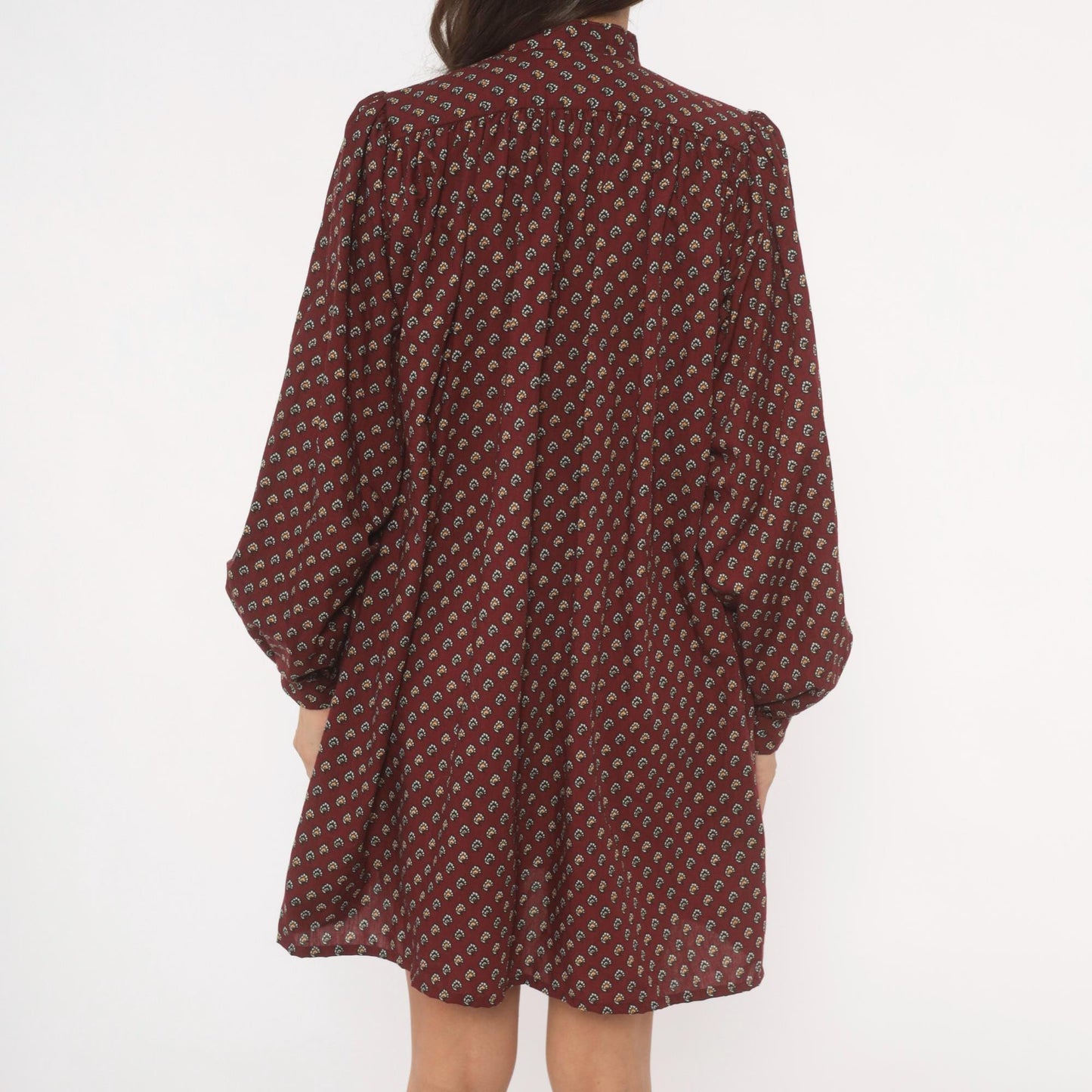 80s Hear Say Burgundy Floral Mini Dress Puff Sleeve Keyhole Band Collar Medium M