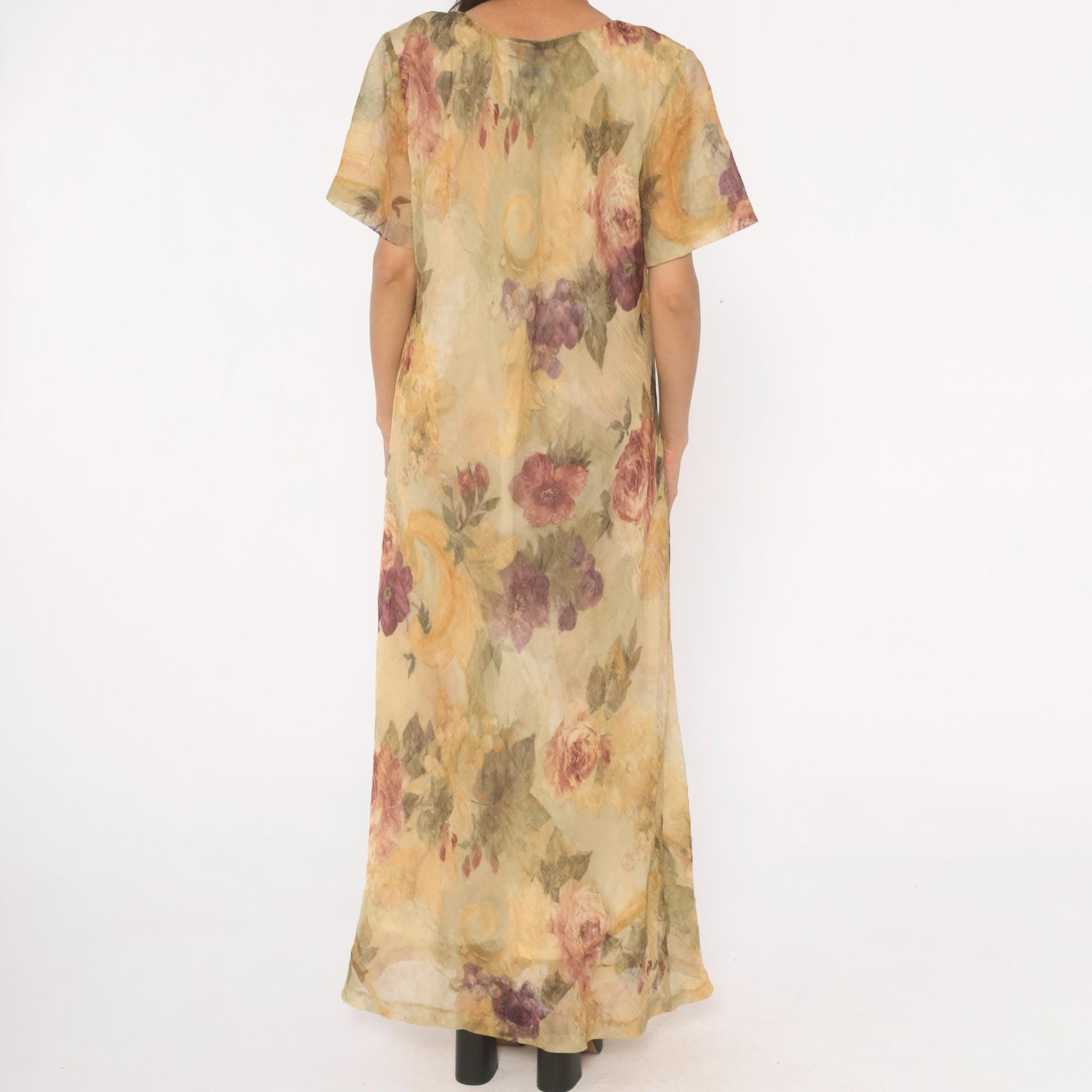 90s DE Frantoria Floral Maxi Dress Cream Rose Print Flutter Sleeve Extra Large