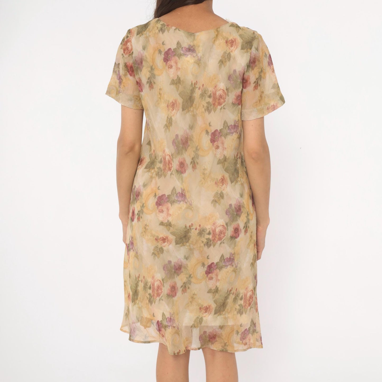 90s DJ Summers Floral Chiffon Dress Tan Rose Print Knee Length Medium M