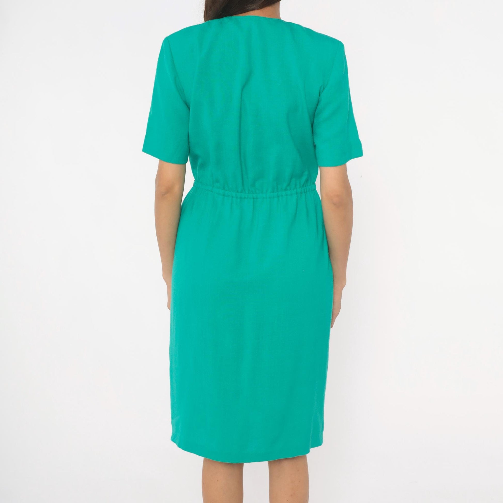 80s Teal Shirtdress Knee-Length Button Front Elastic Waist Small