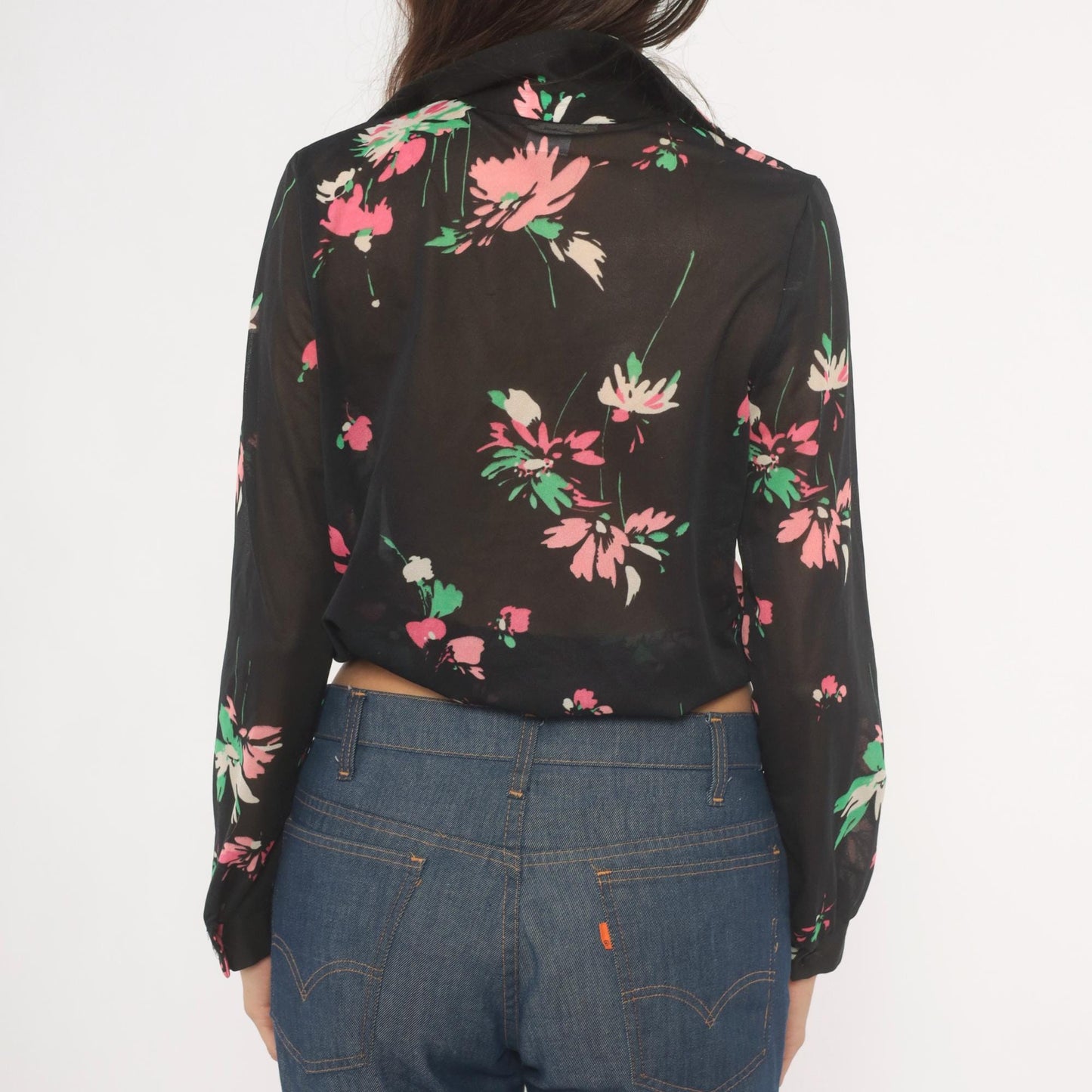 70s Black Floral Tie-Front Blouse Deep V-Neck Long Sleeve Medium M