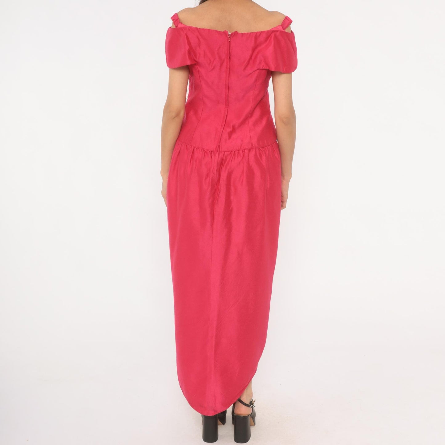 80s Hot Pink Off-Shoulder Maxi Gown Sweetheart Neckline Bow Tulip Skirt Large L