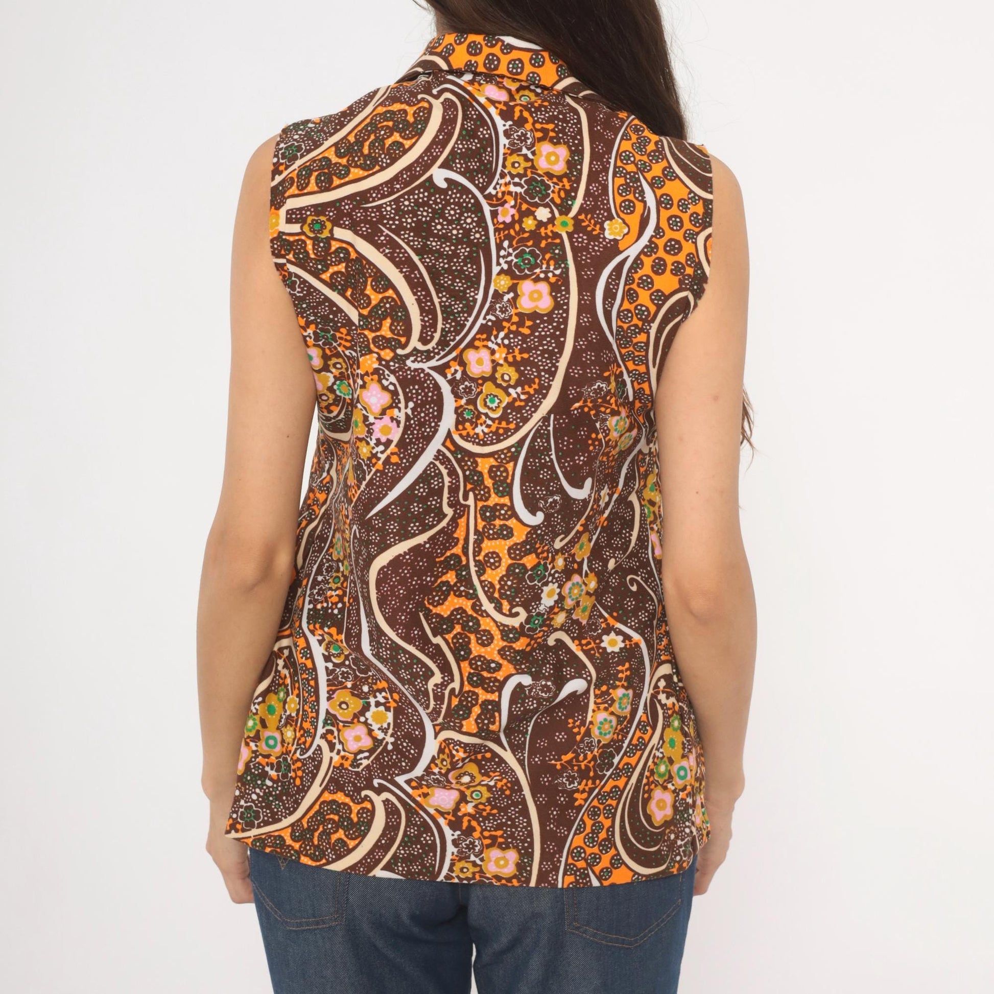 70s Psychedelic Paisley Sleeveless Blouse Brown Orange Floral Swirl Medium M