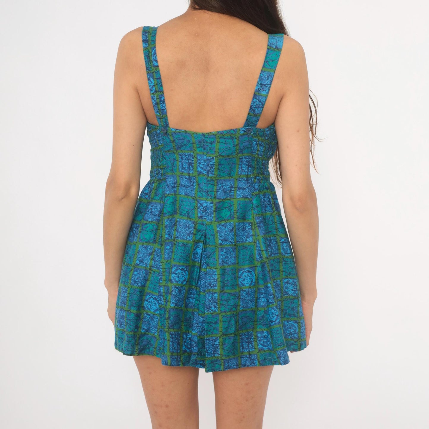 1950s Blue Batik Mini Dress Square Neck Ruffle Cotton Blend Small S