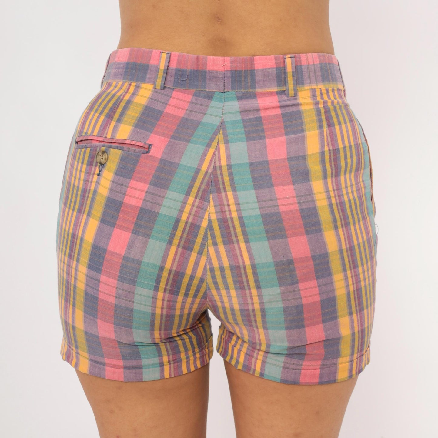 70s Skeets Madras Plaid Shorts Pink Purple Teal High Waist Cotton Medium M
