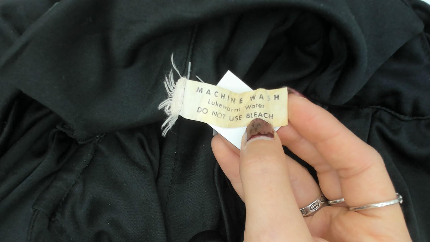 1970s Black Tie Neck Dress Cap Sleeve Keyhole Neckline Gathered Waist Large L