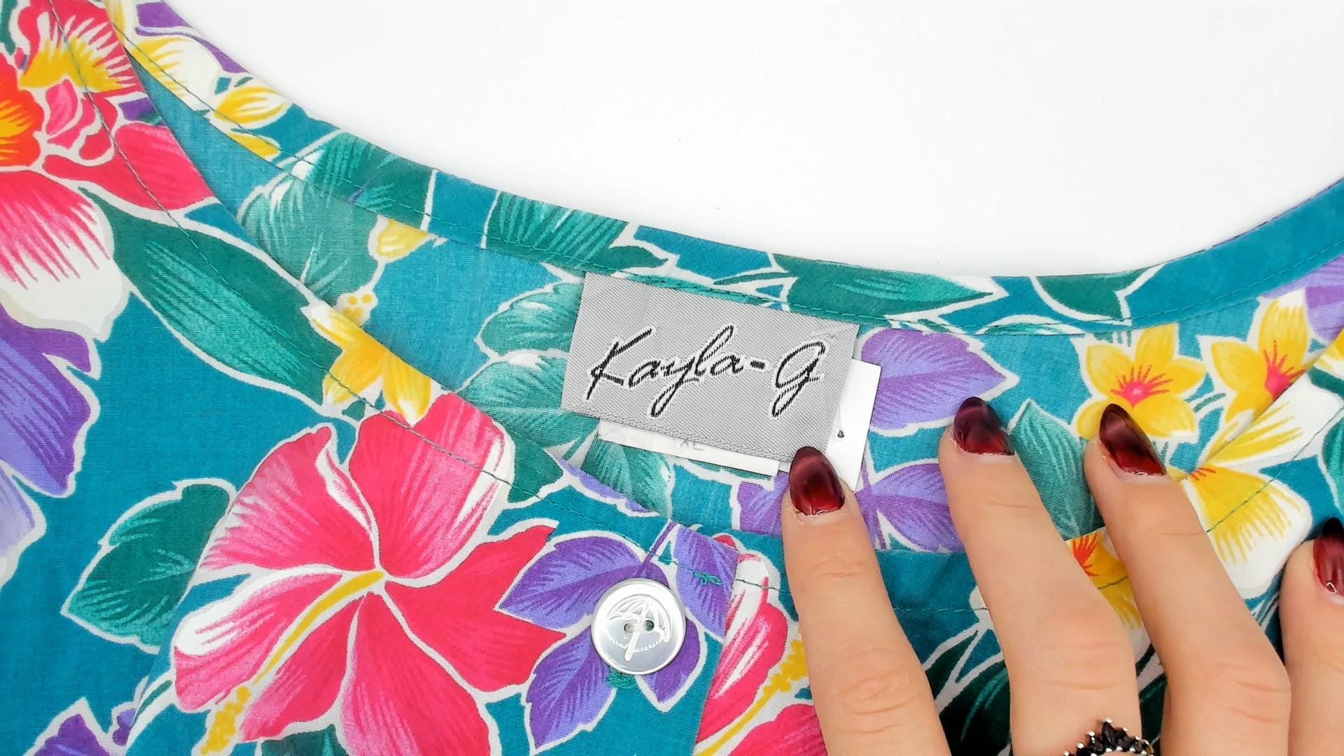 80s Kayla G Tropical Floral Sundress Teal Hawaiian Shift Knee-Length Extra Large XL