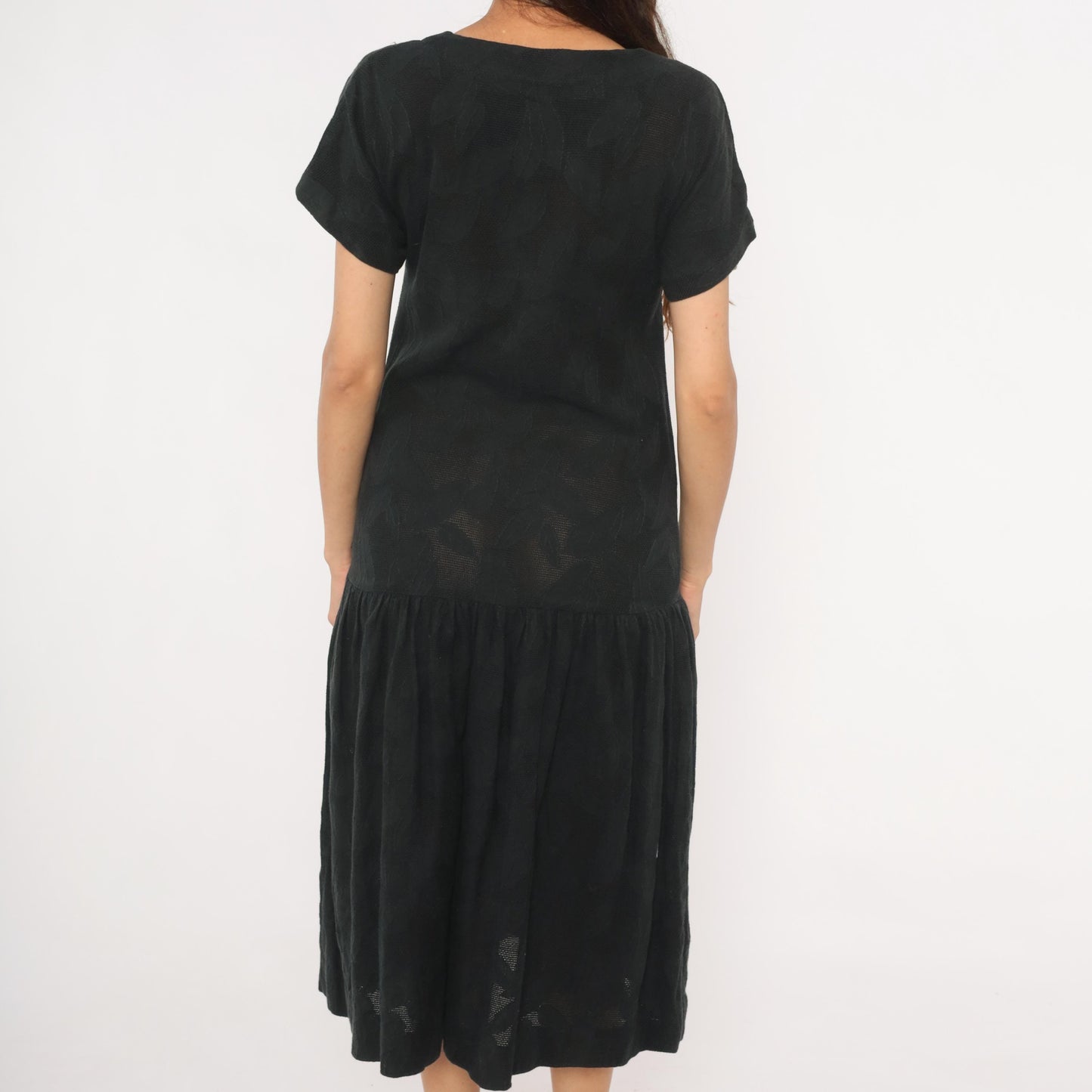90s Black Cotton Midi Dress Button Front V Neck Drop Waist Small S