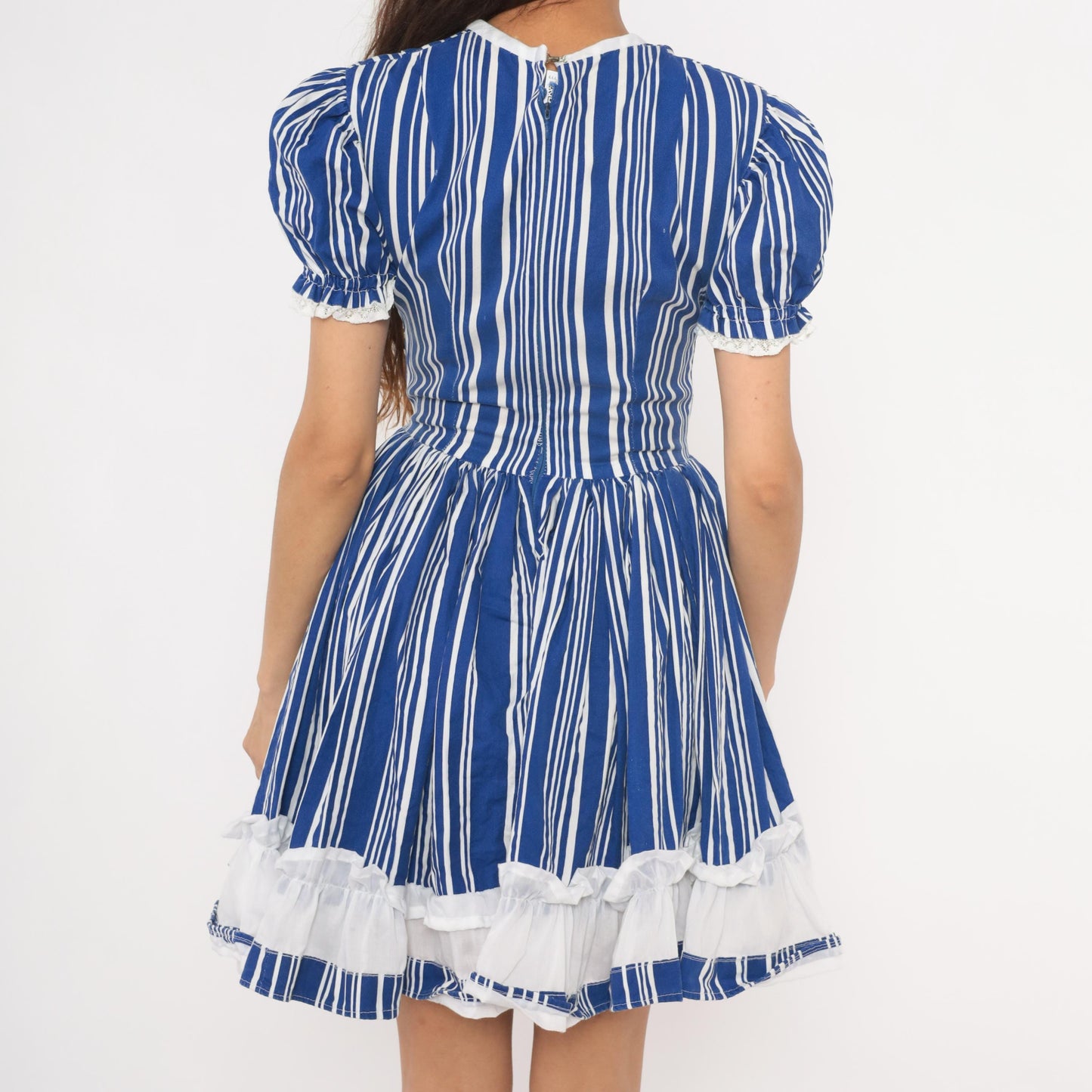 70s Striped Puff Sleeve Mini Dress Blue White Cotton Gathered Skirt Small S
