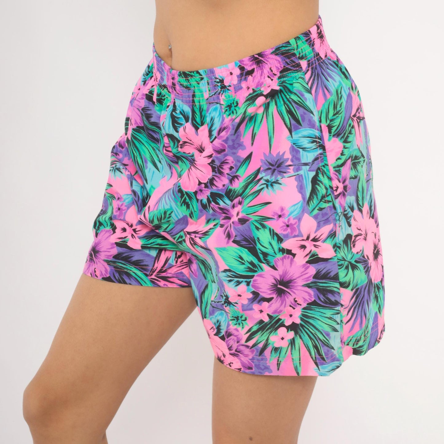 90s Op Neon Tropical Floral Shorts Pink Purple Green Hibiscus Medium M