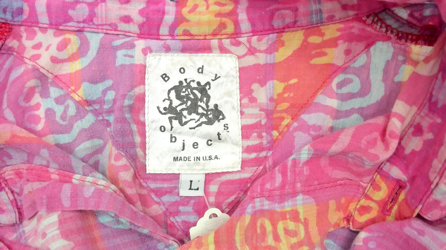 90s Body Objects Batik Print Button-Up Shirt Pink Multicolor Abstract Large L