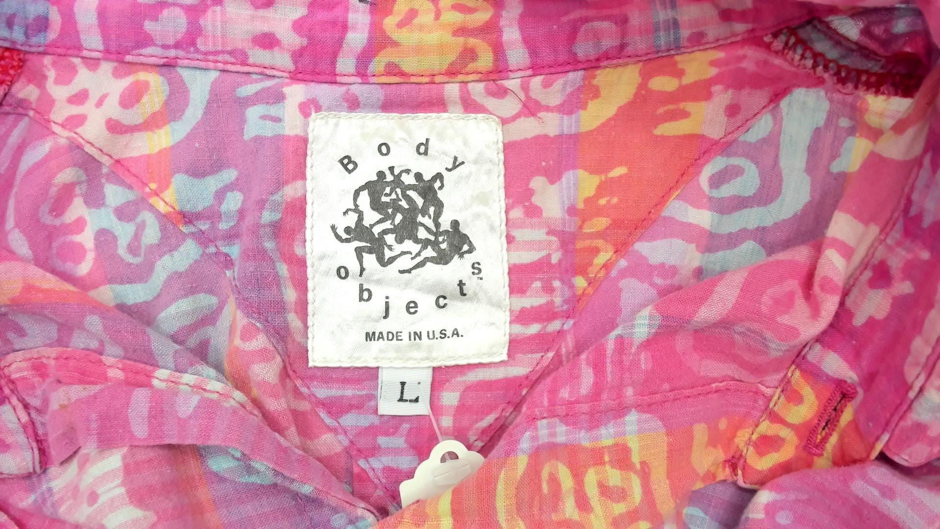 90s Body Objects Batik Print Button-Up Shirt Pink Multicolor Abstract Large L