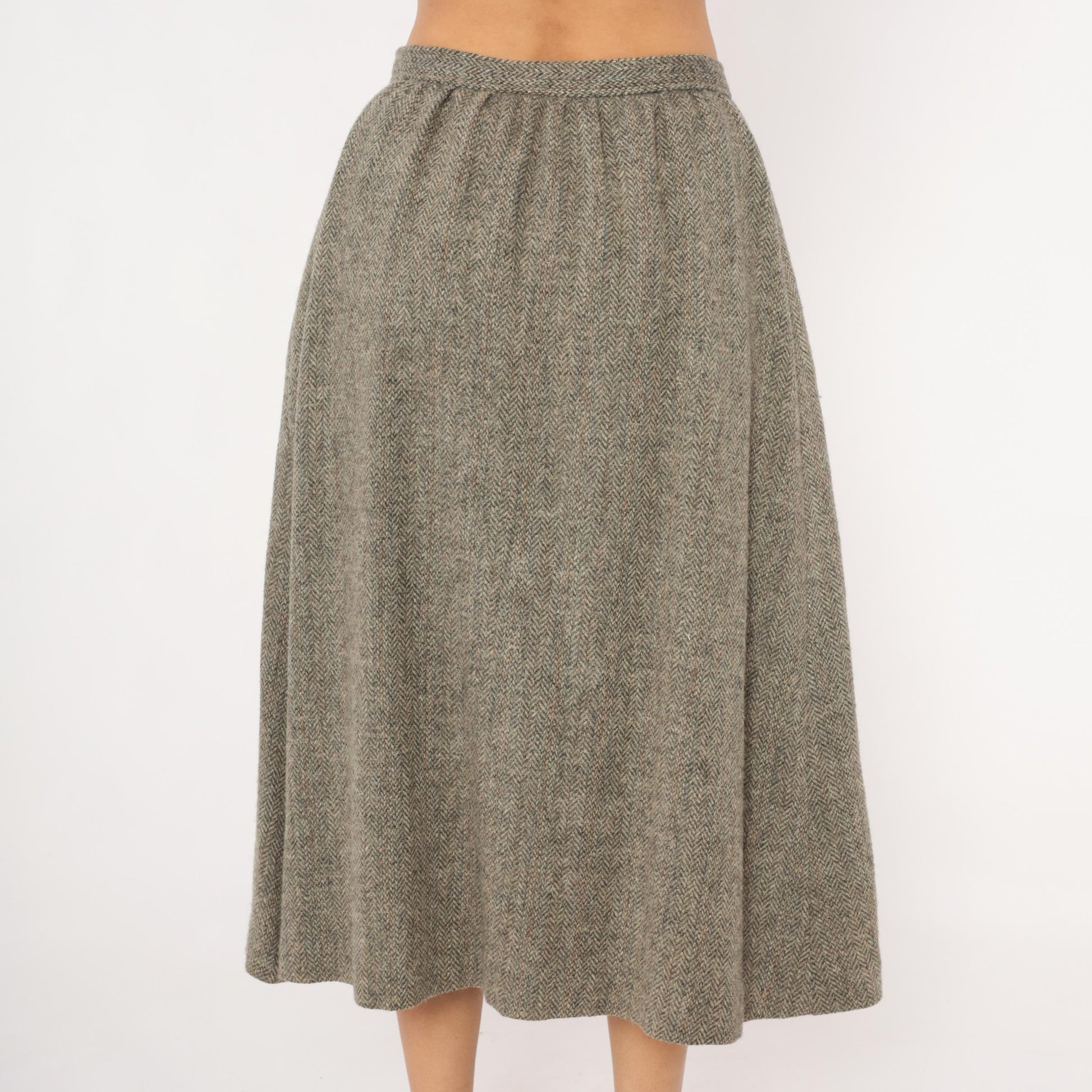 80s David Brooks Wool Herringbone Midi Skirt Grey Tan Pleated Medium L