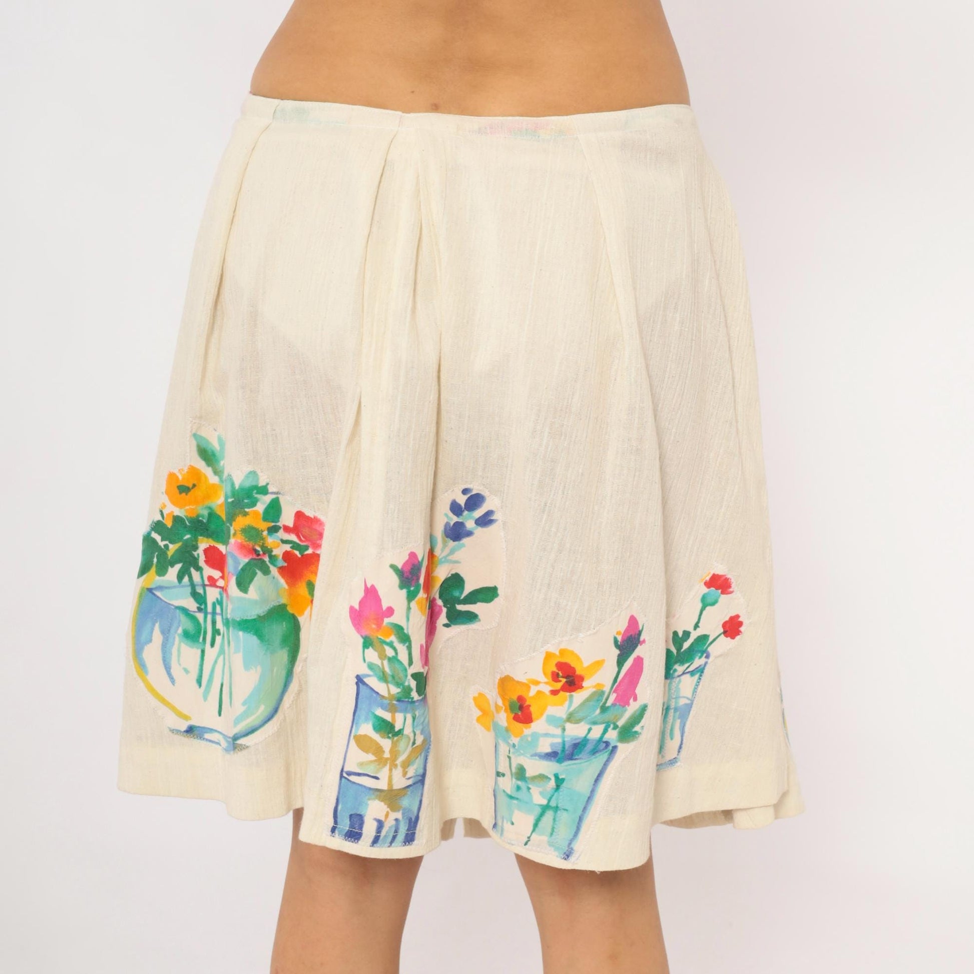 90s Cream Linen A-Line Mini Skirt Watercolor Floral Vase Appliqué Medium
