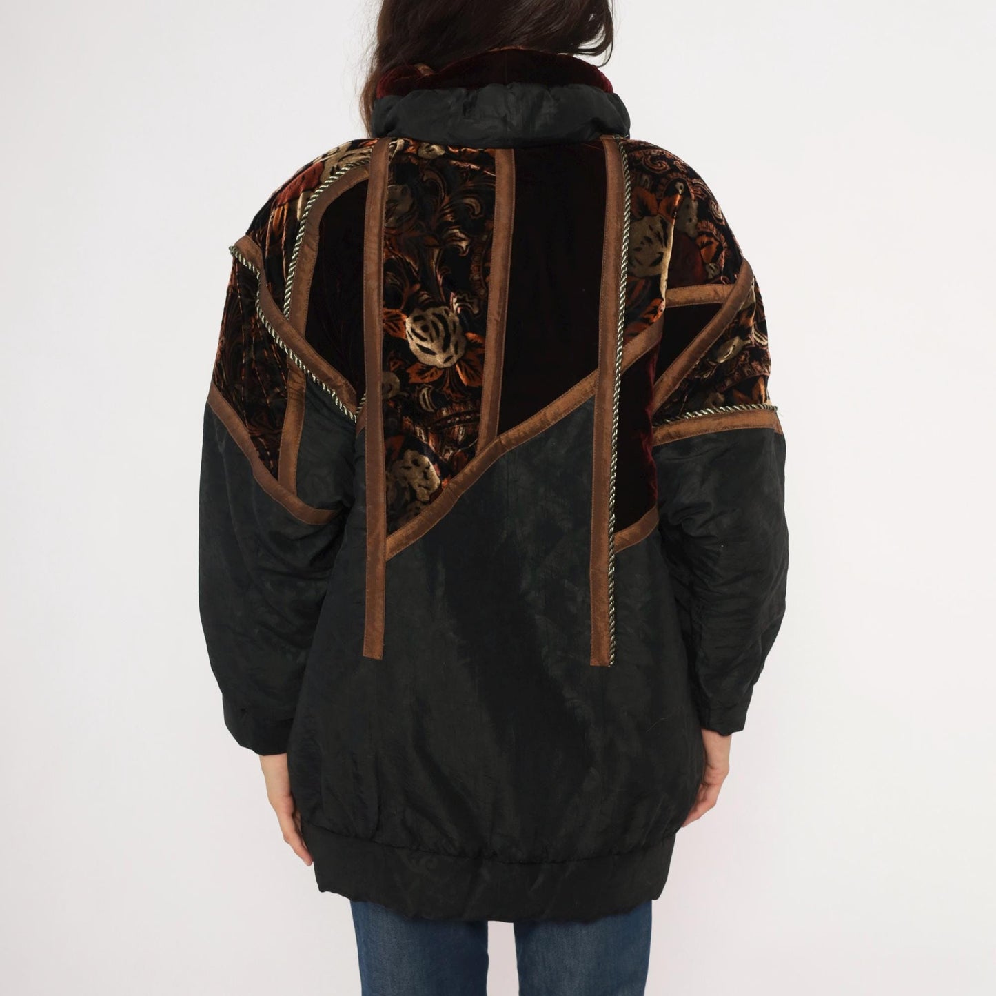 90s Frozen Dreams Velvet Patchwork Puffer Jacket Black Burgundy Extra Small