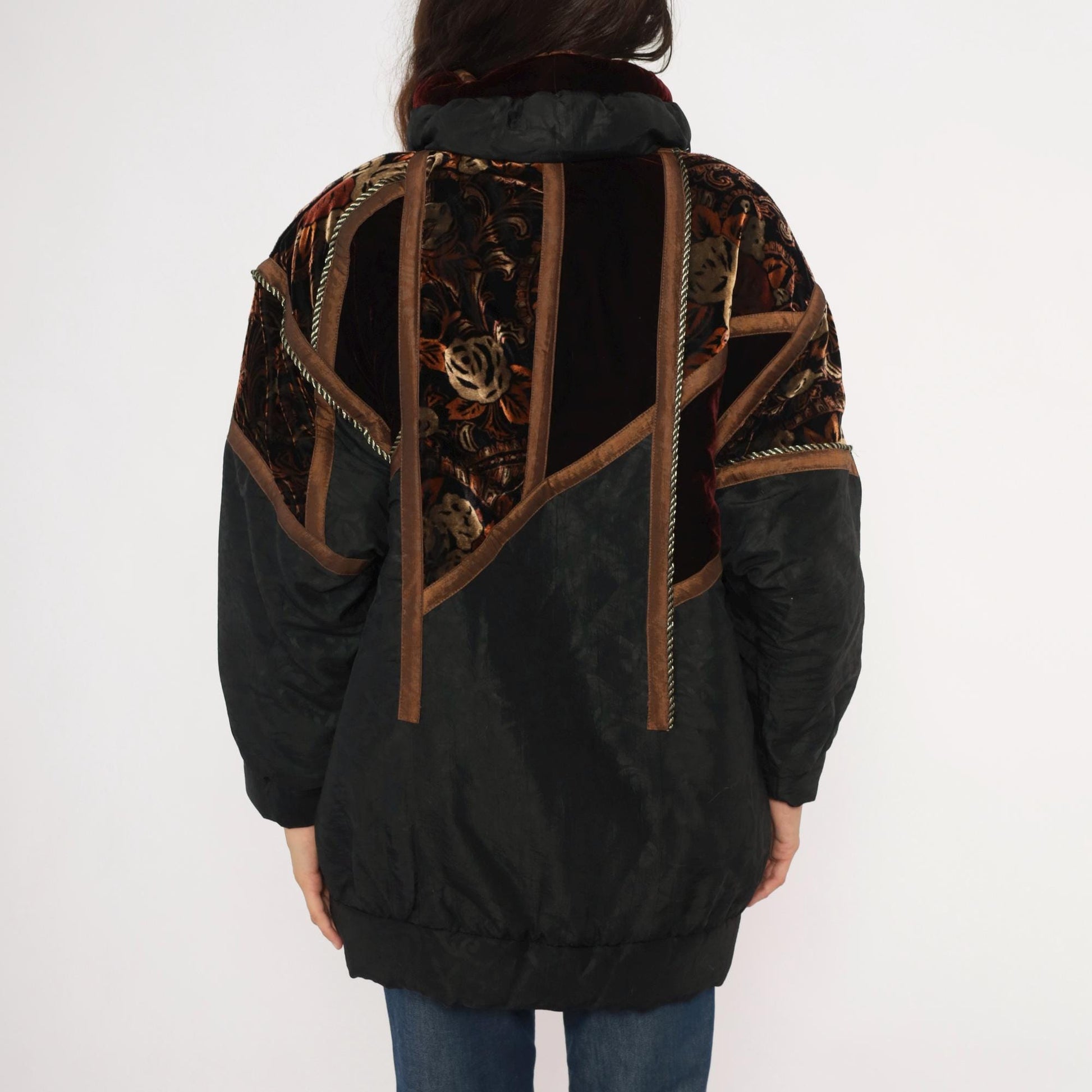 90s Frozen Dreams Velvet Patchwork Puffer Jacket Black Burgundy Extra Small