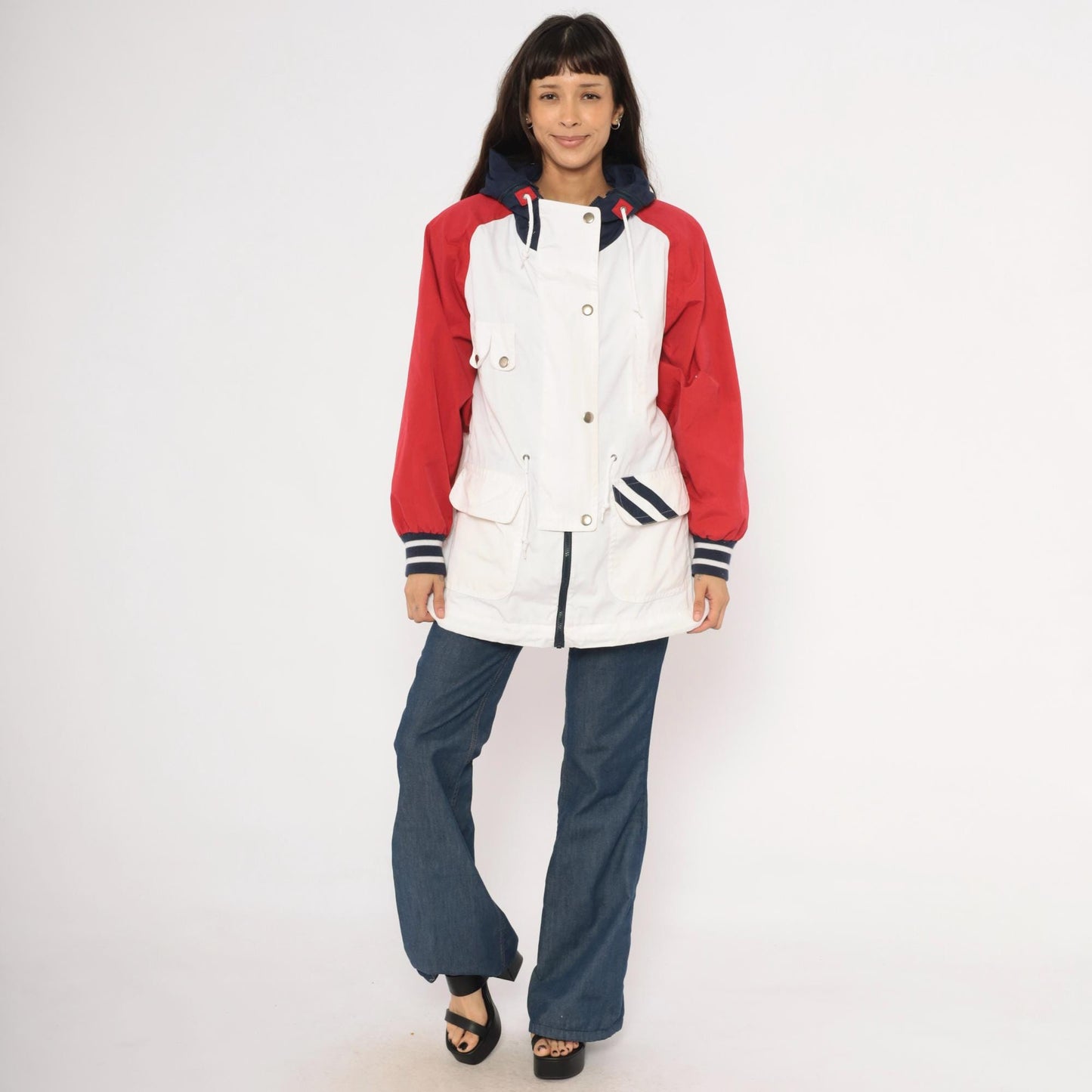 90s Mulberry Street Colorblock Windbreaker Hooded Snap Jacket White Red Navy Medium M