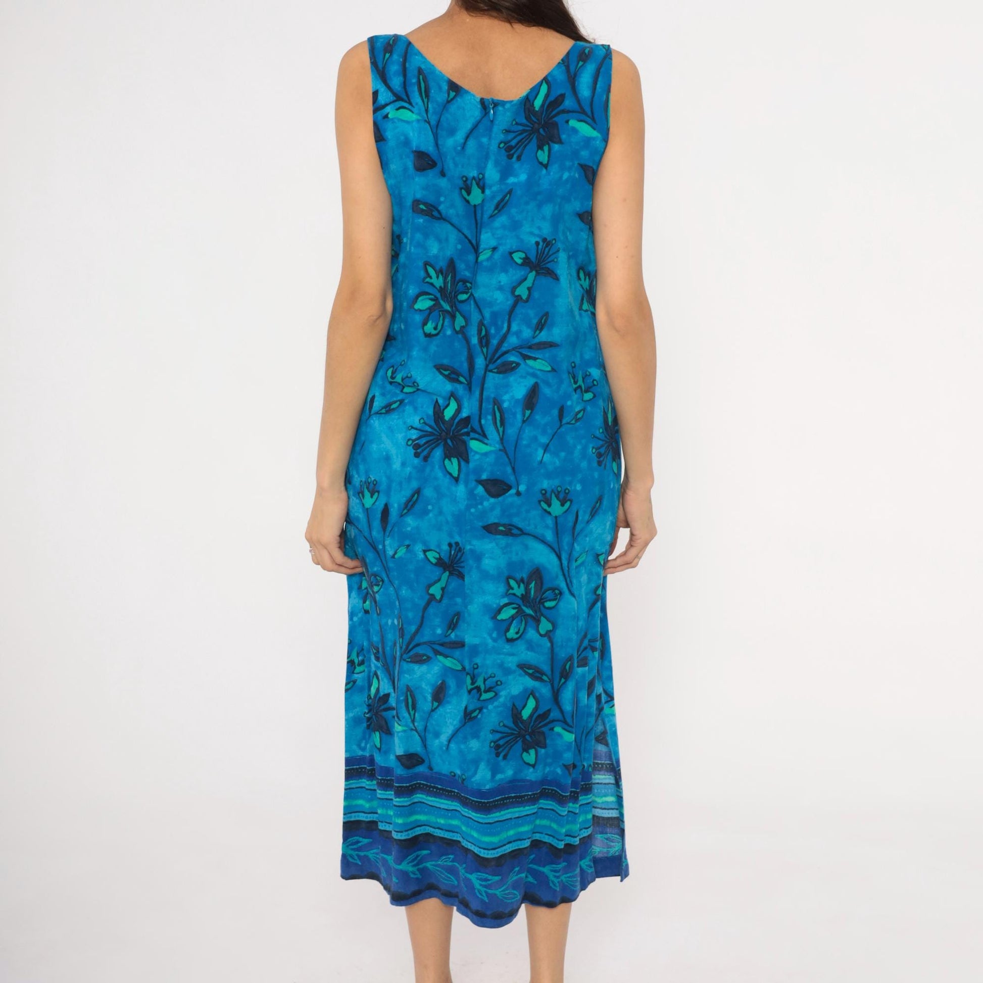 90s Worthington Blue Batik Floral Maxi Dress Tank Sleeveless Teal Navy Medium
