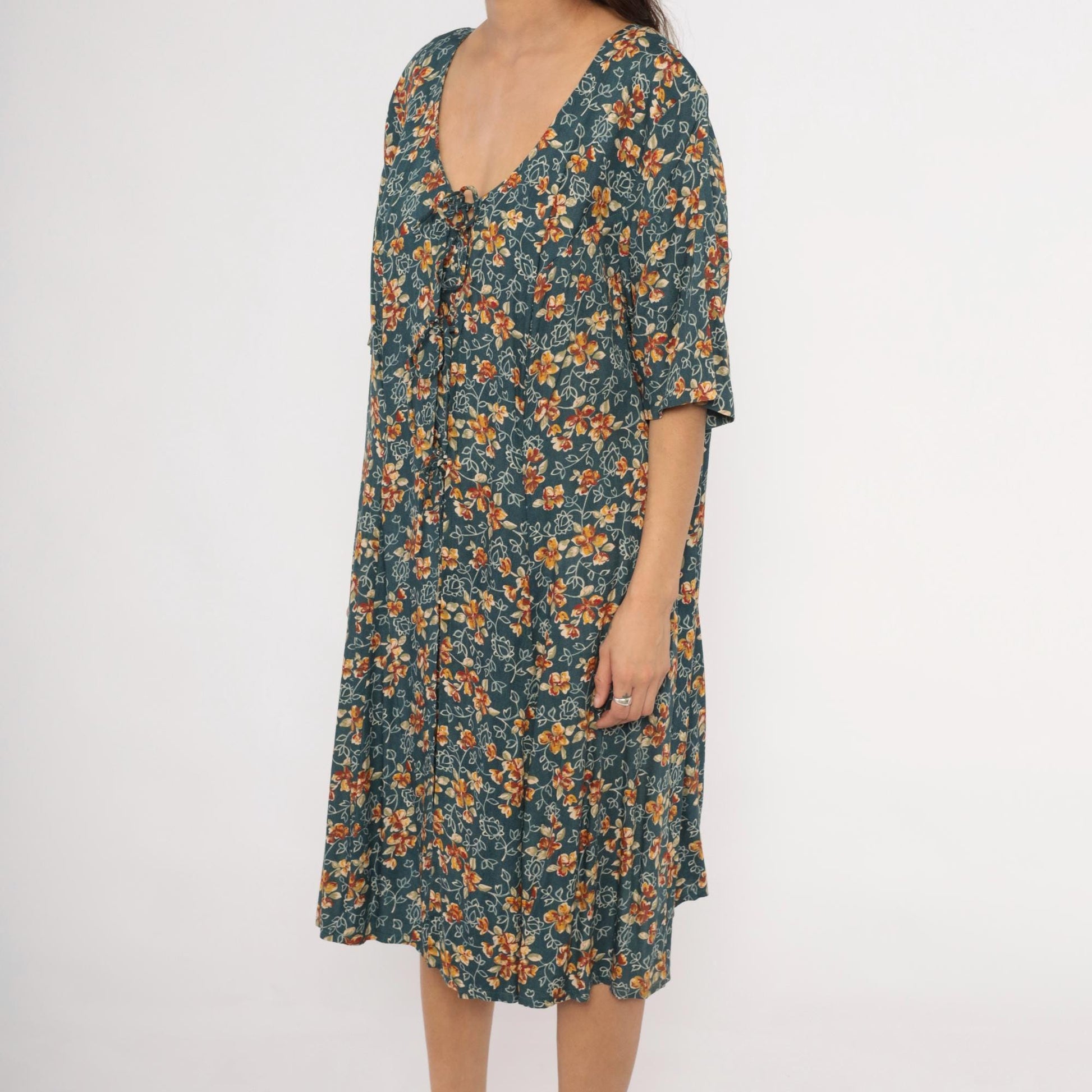 90s The Avenue Floral Midi Dress Teal Orange Flutter Sleeve Tie Front XXL
