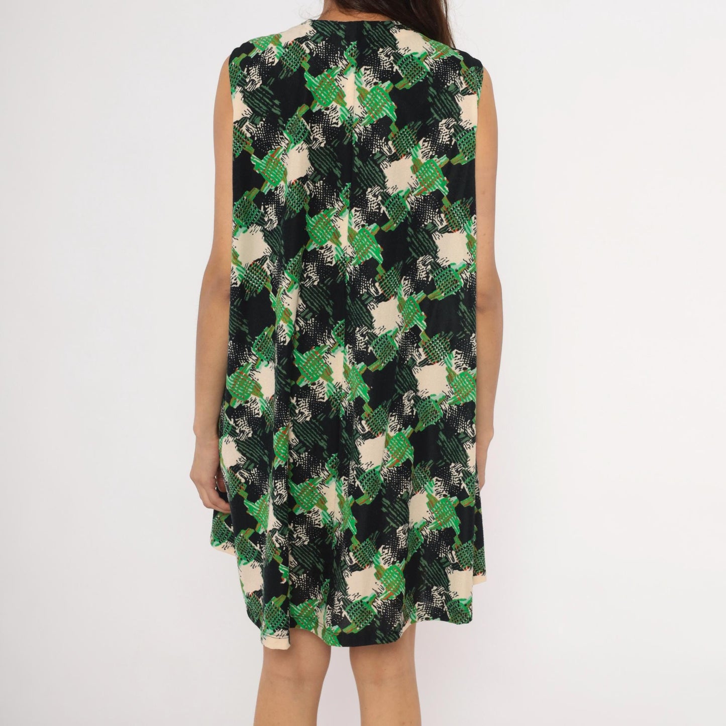 70s Psychedelic Abstract Mini Dress Green Black Cream V-Neck Sleeveless Small