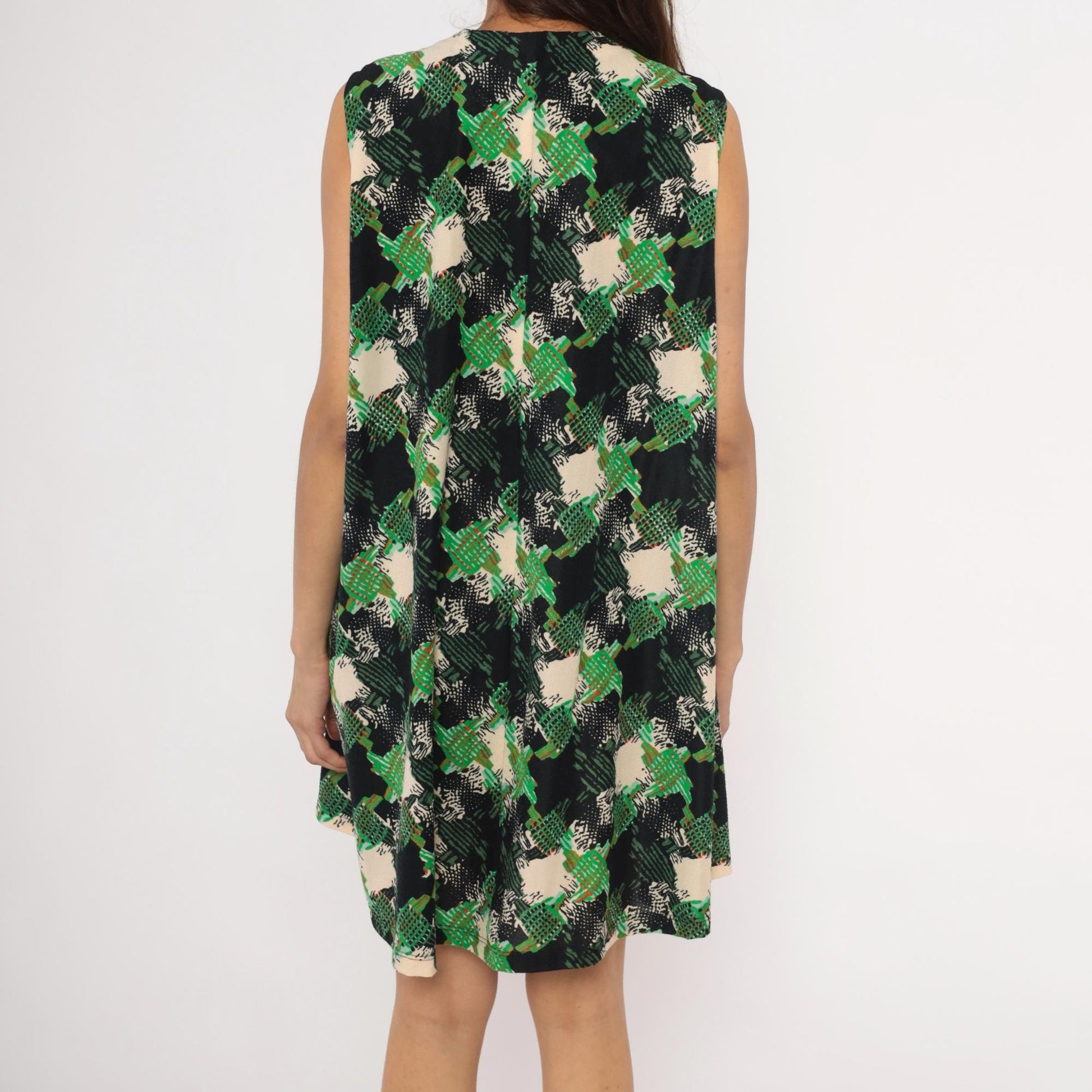 70s Psychedelic Abstract Mini Dress Green Black Cream V-Neck Sleeveless Small