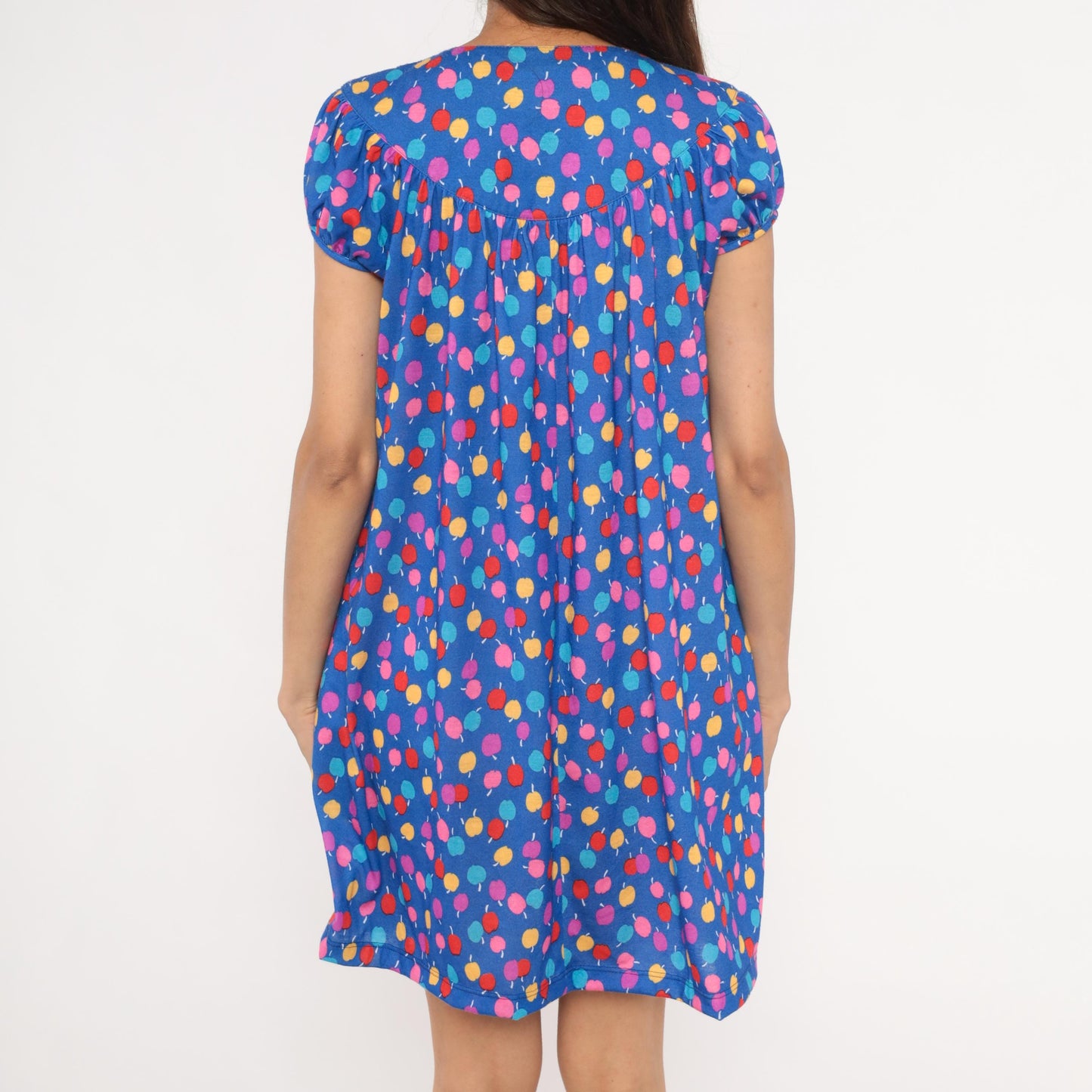 80s Lanz Originals Apple Print Babydoll Dress Blue Puff Sleeve Mini Small S