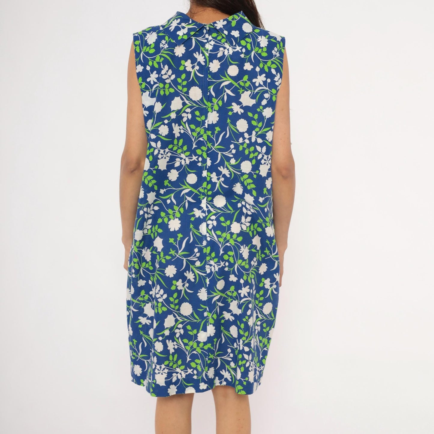 80s Mr. B California Blue Floral Shift Dress Cowl Neck Knee-Length Medium