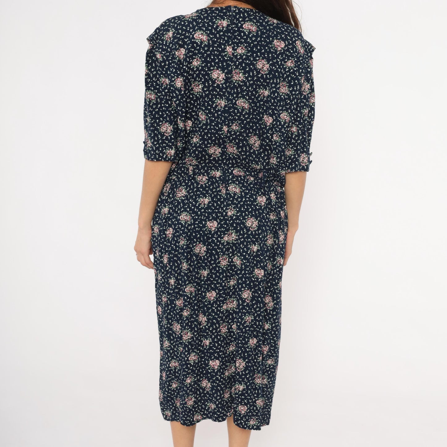90s Navy Floral Midi Dress Pink Rose Print Deep V Neck Short Sleeve XL