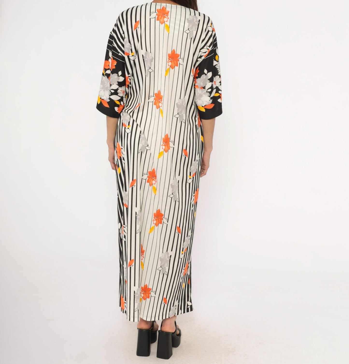 70s Miss Tique California Floral Kaftan Maxi Dress Black Orange Medium M