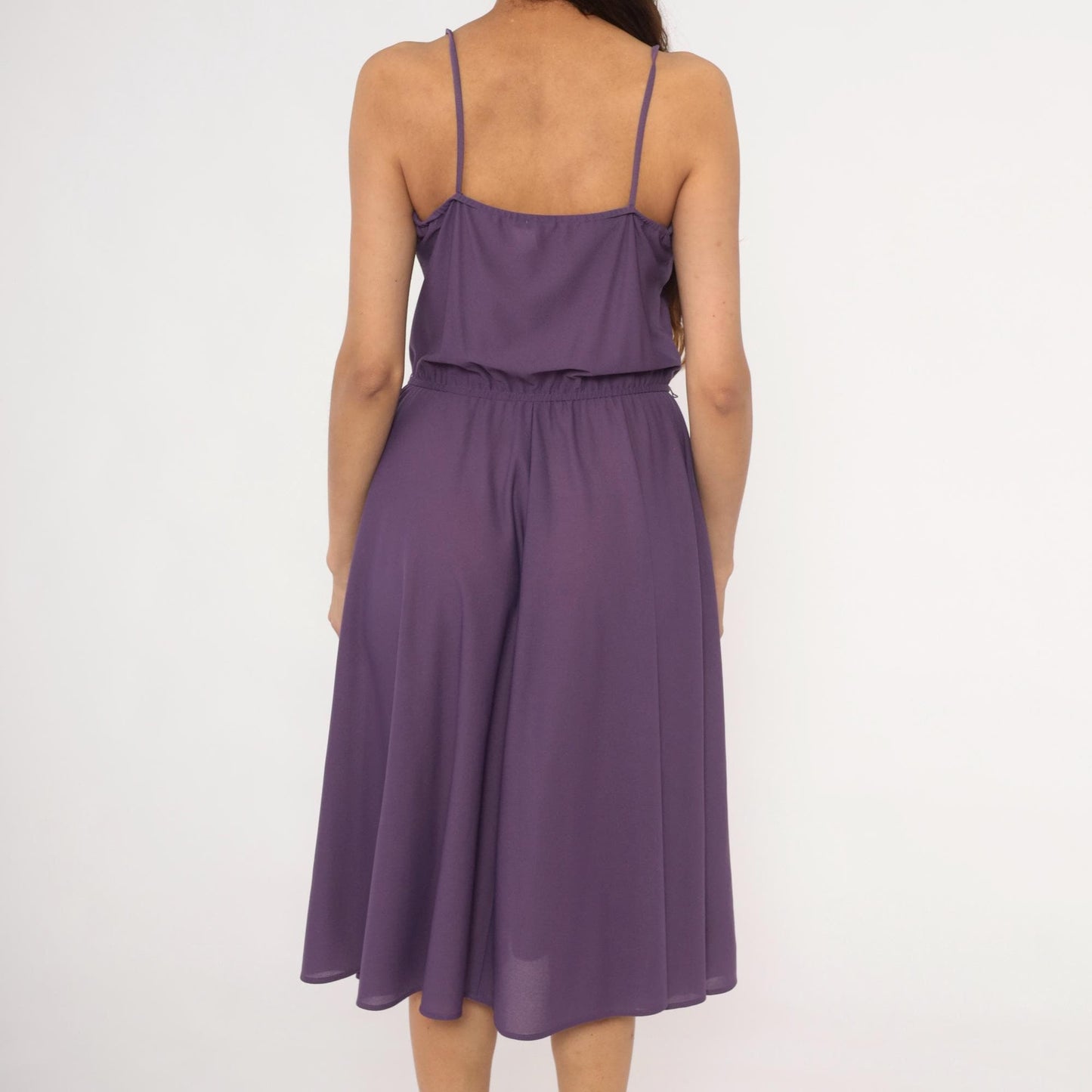 70s Purple Spaghetti Strap Dress Lace Trim Knee Length A-Line Small