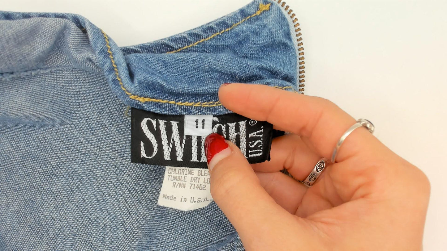 90s Switch USA Light Blue Denim Midi Dress Cotton Long Sleeve Medium M
